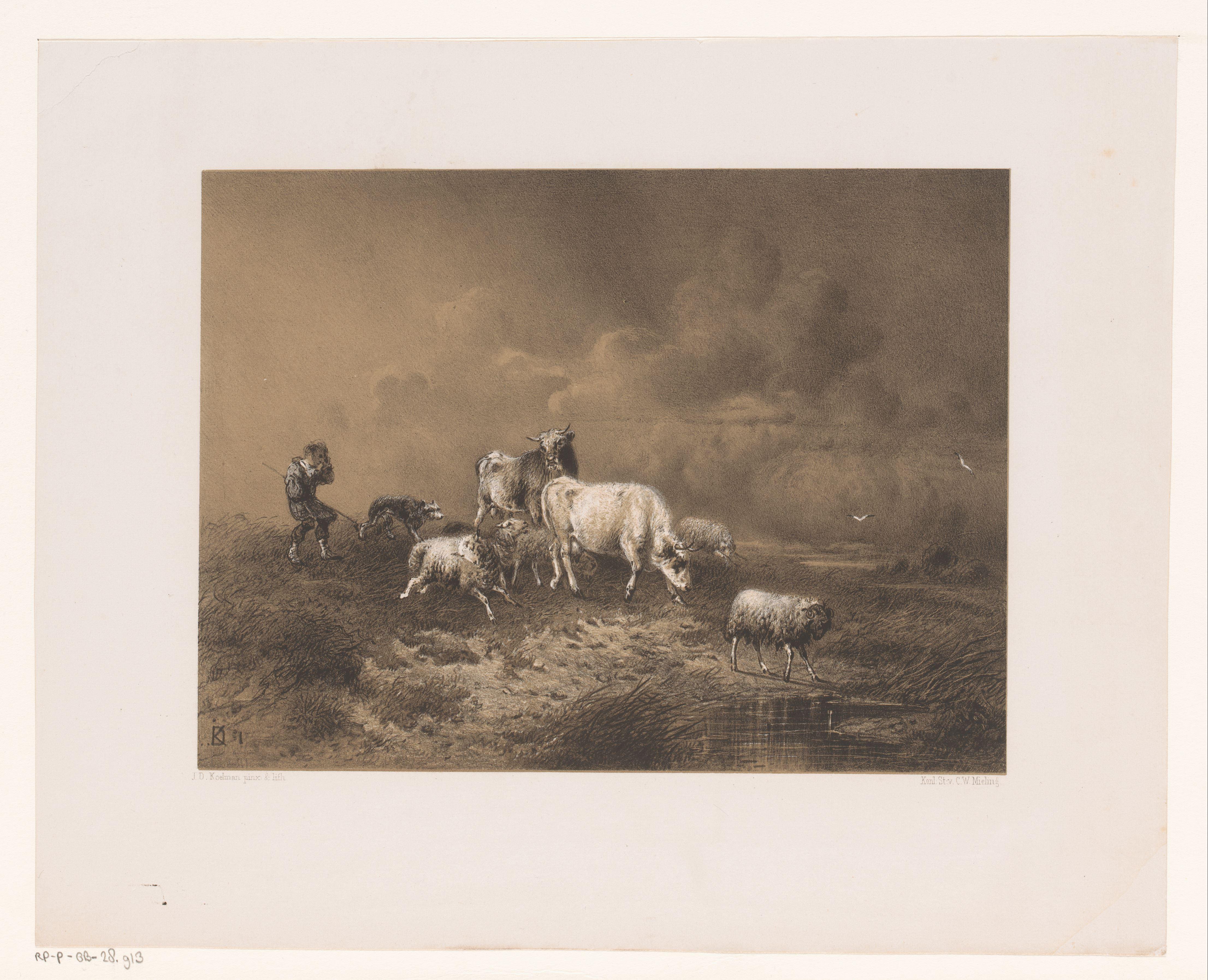 Herder met kudde in een storm