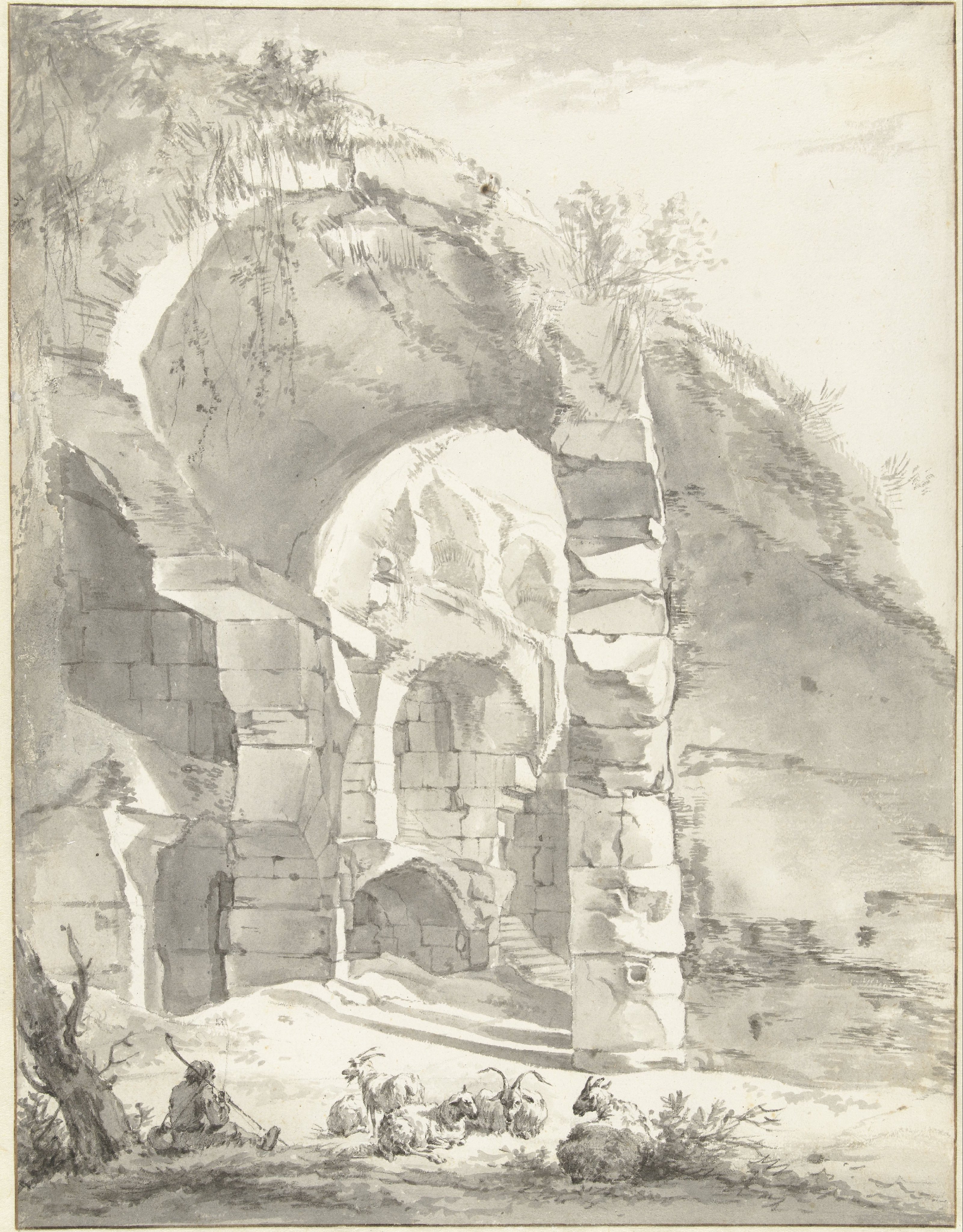 Roman Ruins with a Shepherd and a Flock of Sheep and Goats