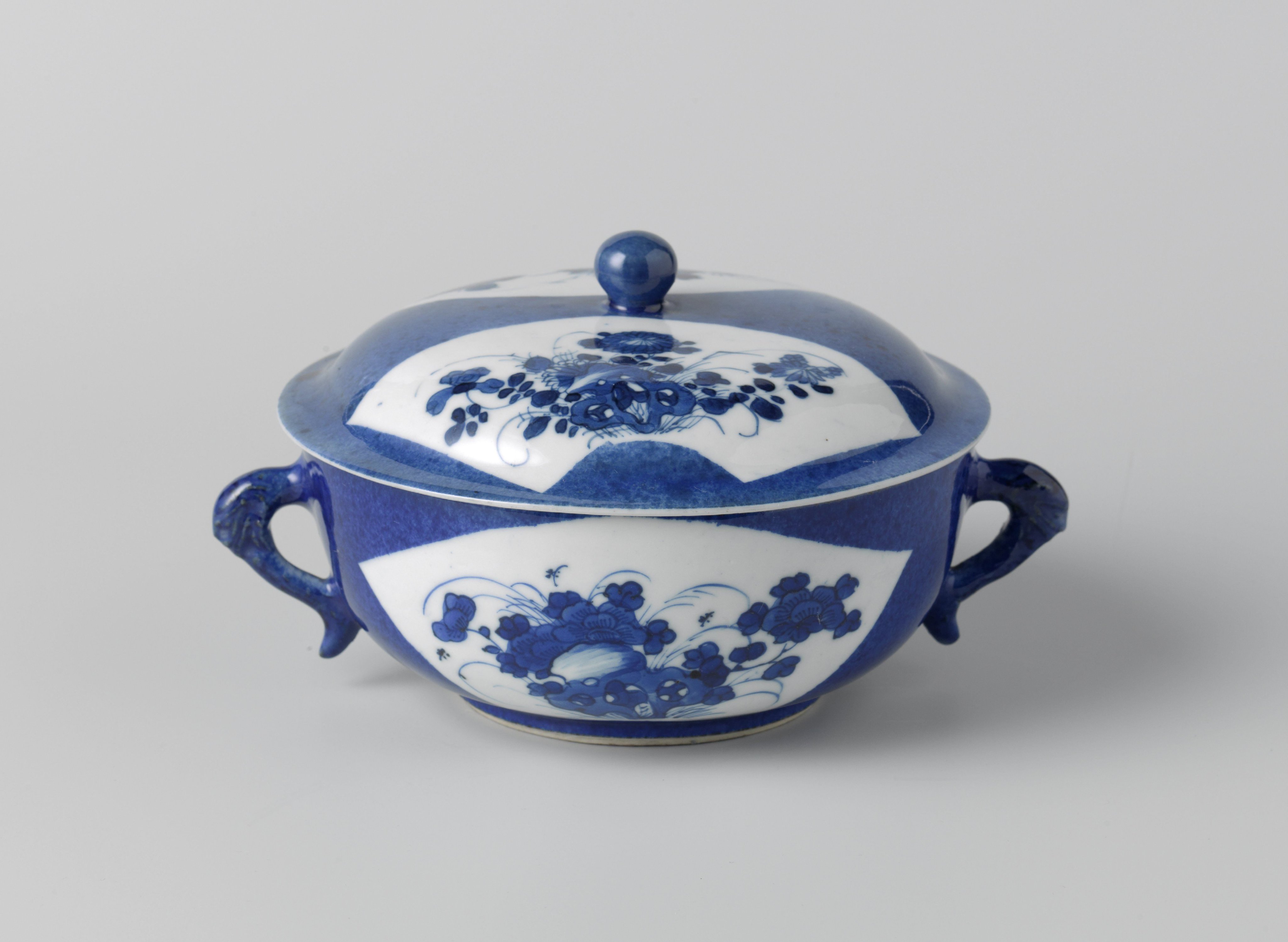 Covered bowl with powder blue and flower sprays in fan-shaped panels