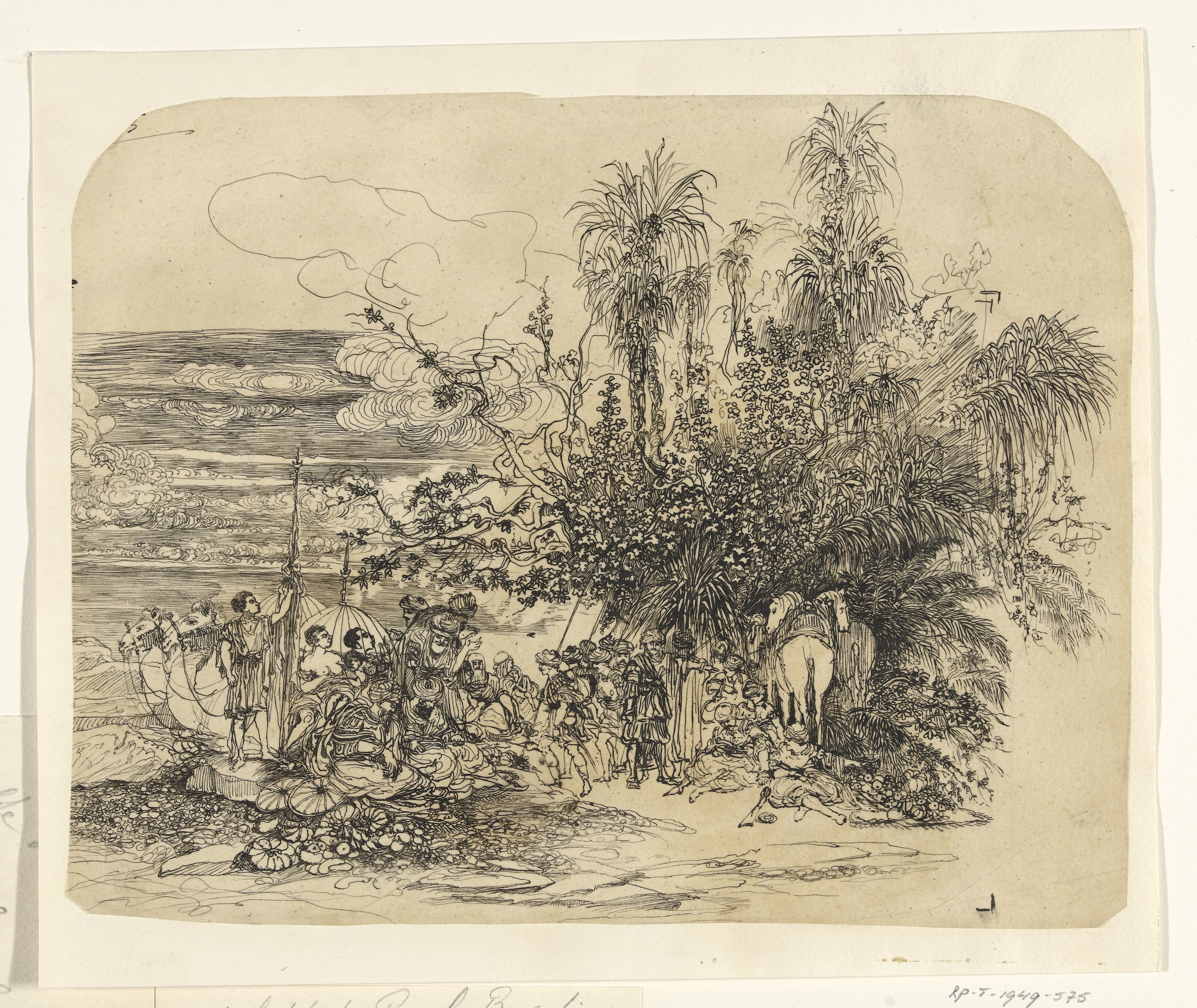 Landschap met een groep rustende oosterlingen met hun paarden en kamelen
