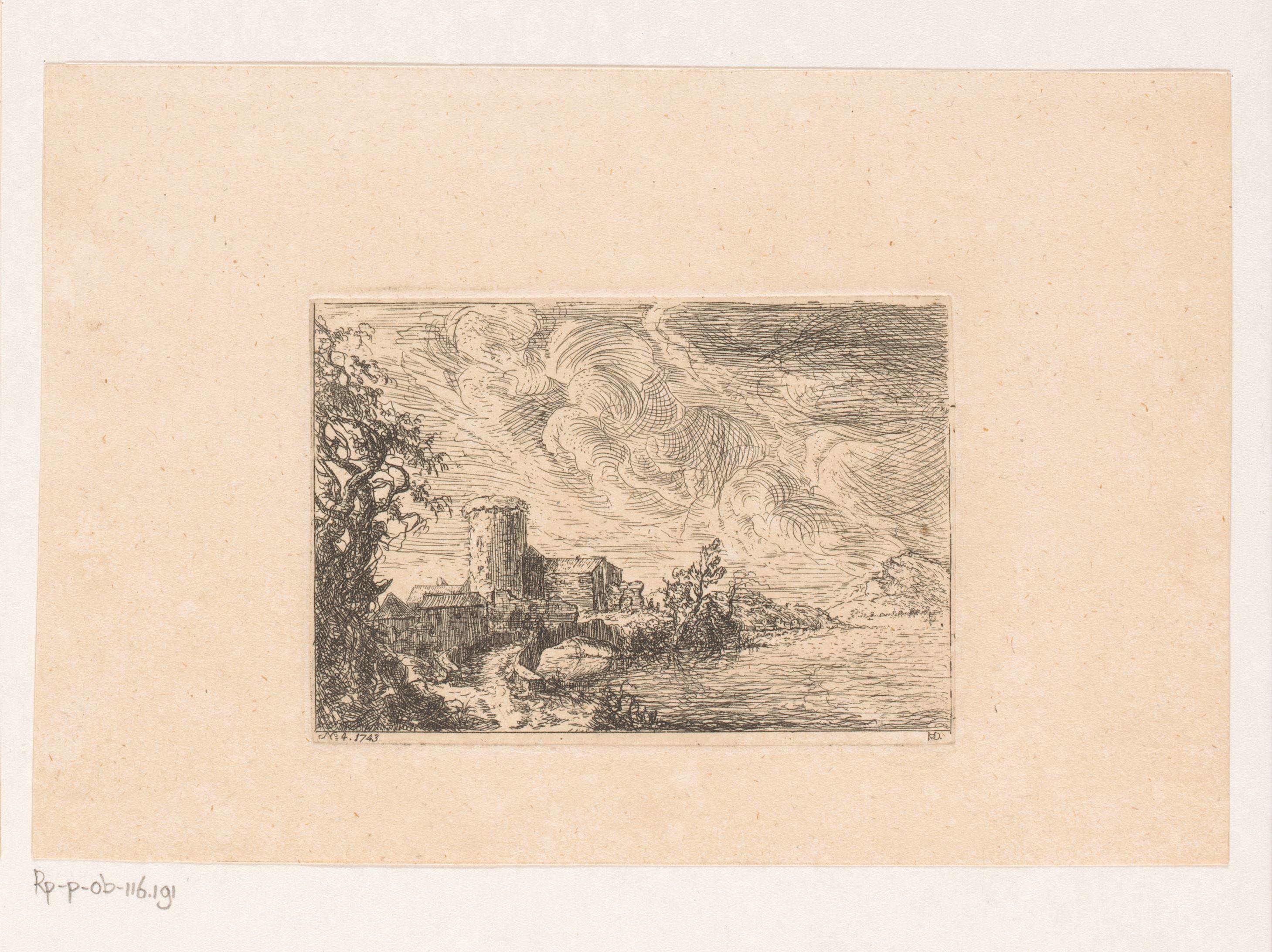 Rivierlandschap met dorp en toren