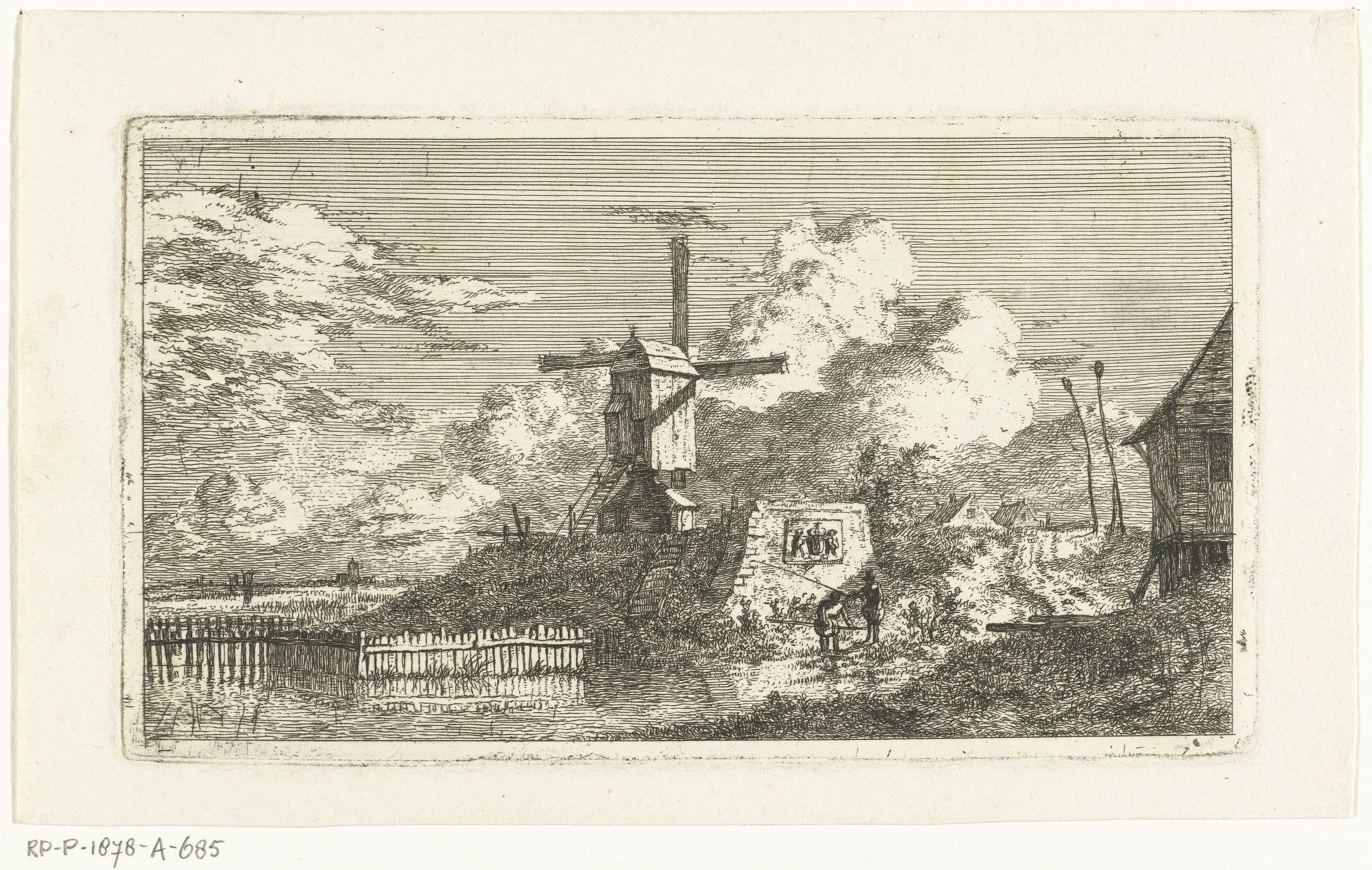 Landschap met molen op terp aan water