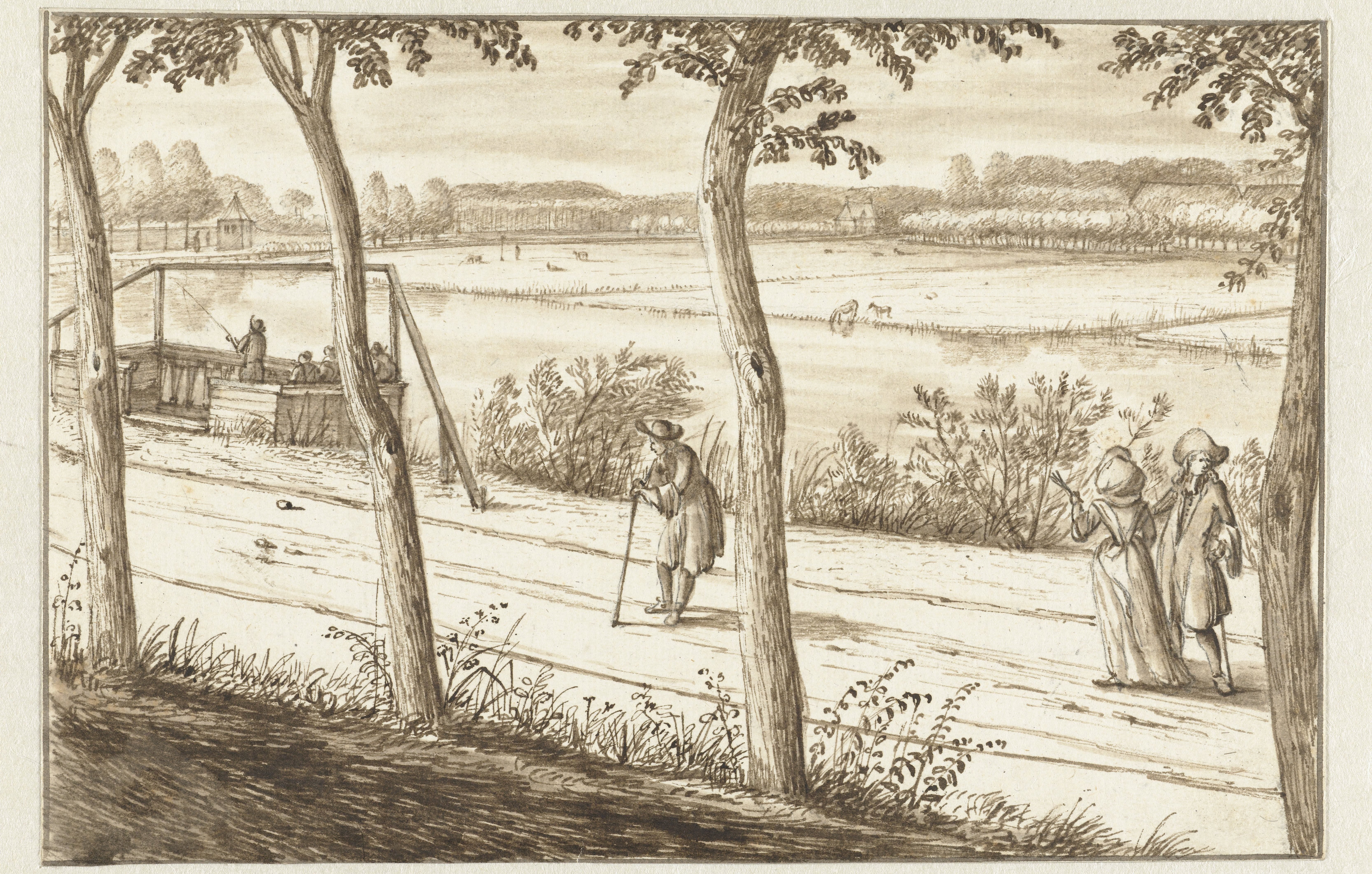 View along the River Vecht, near Maarssen, with a Docking Station, Three Figures in the Foreground and the Country Estate of Vechthoven in the Distance