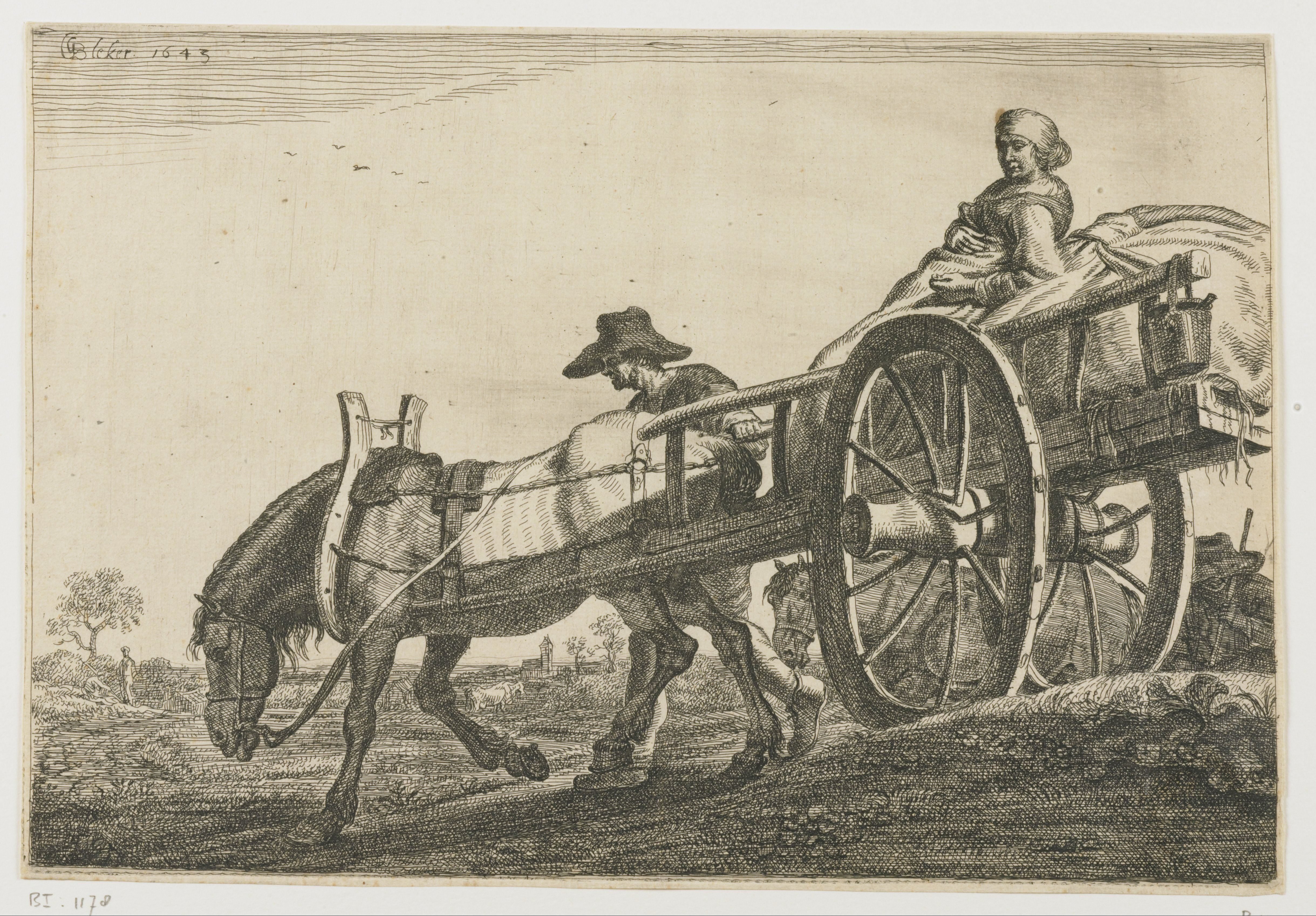 Boerin op een paardenkar met twee wielen
