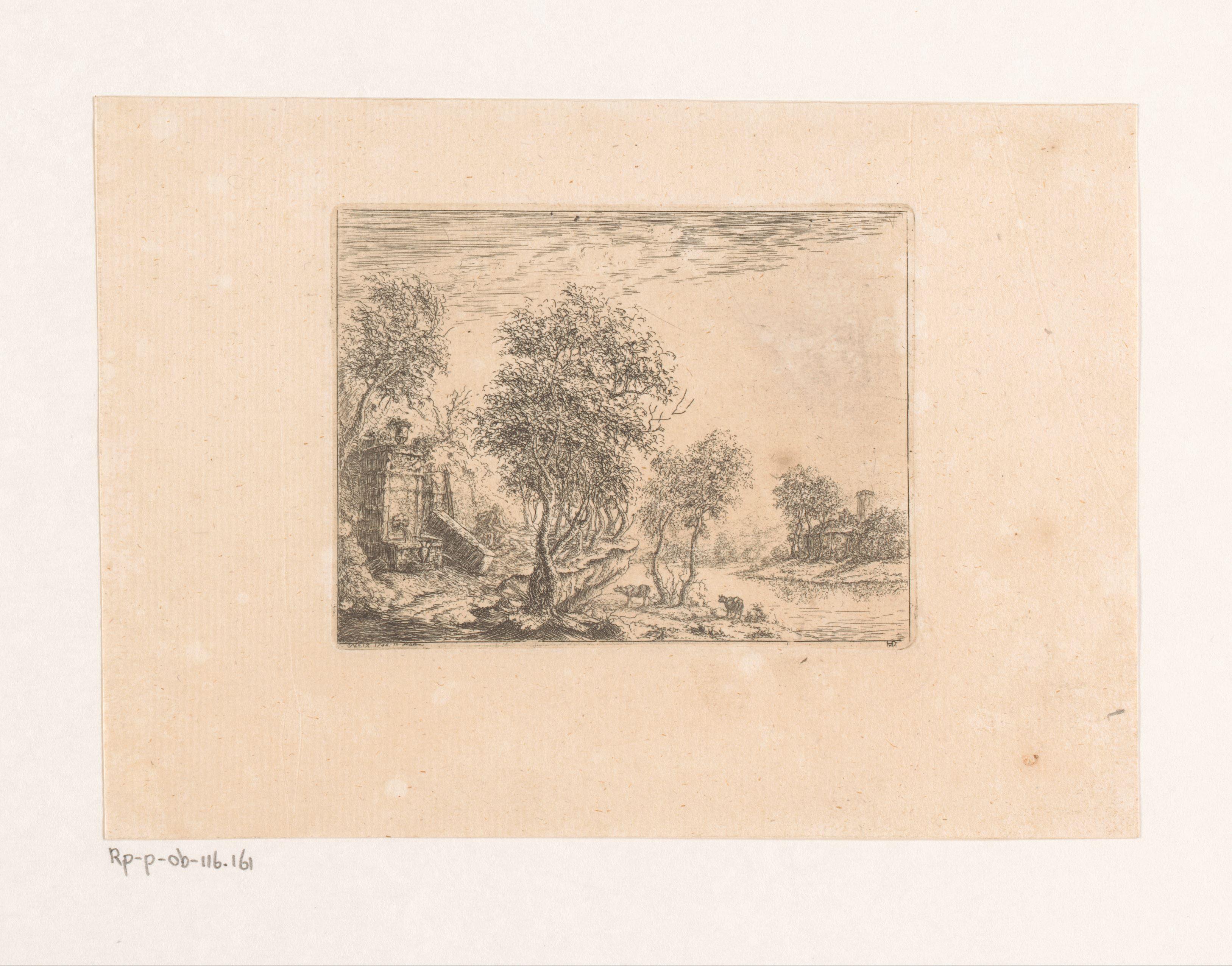 Landschap met antieke bron bij rivier