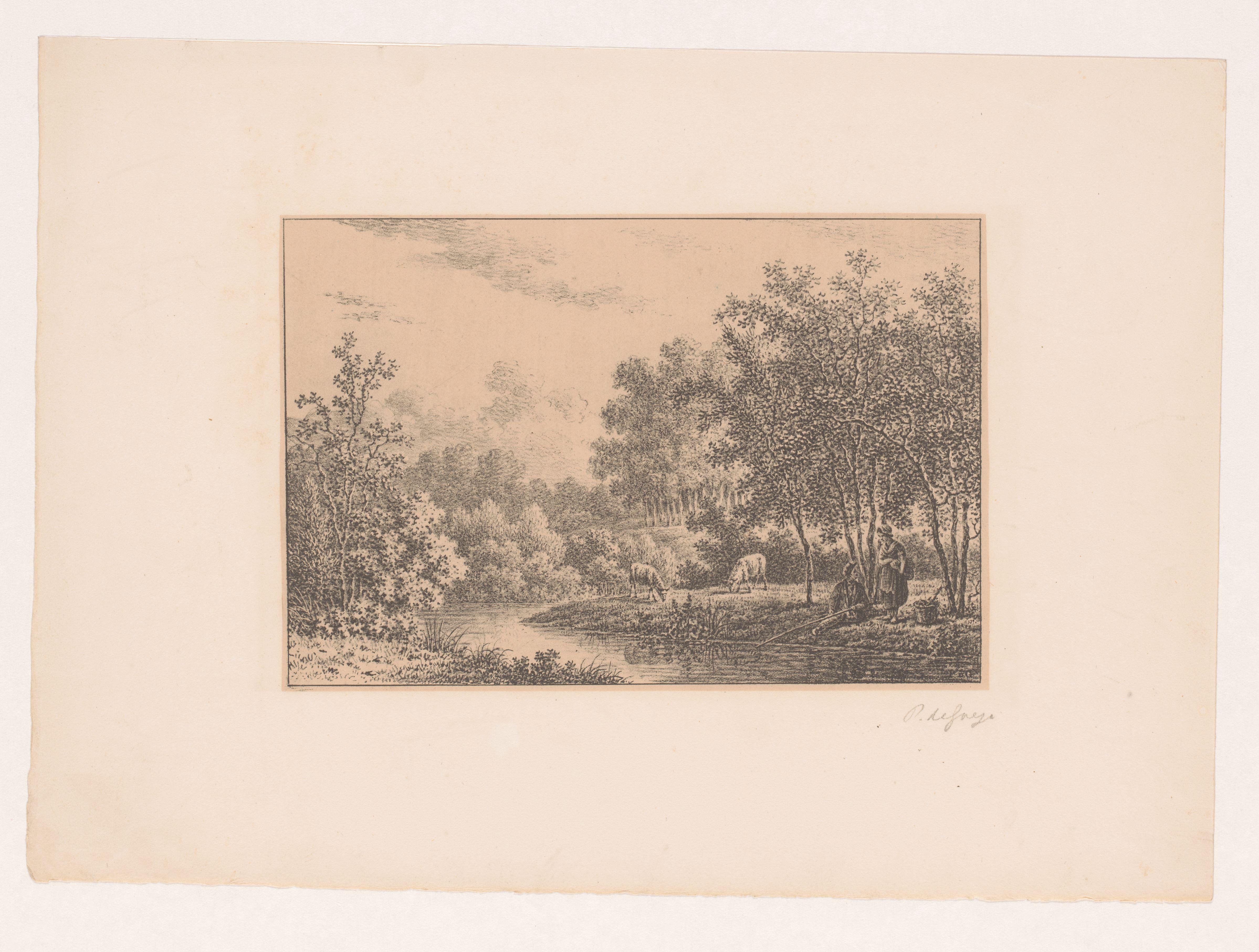 Landschap met rivier, visser en twee schapen