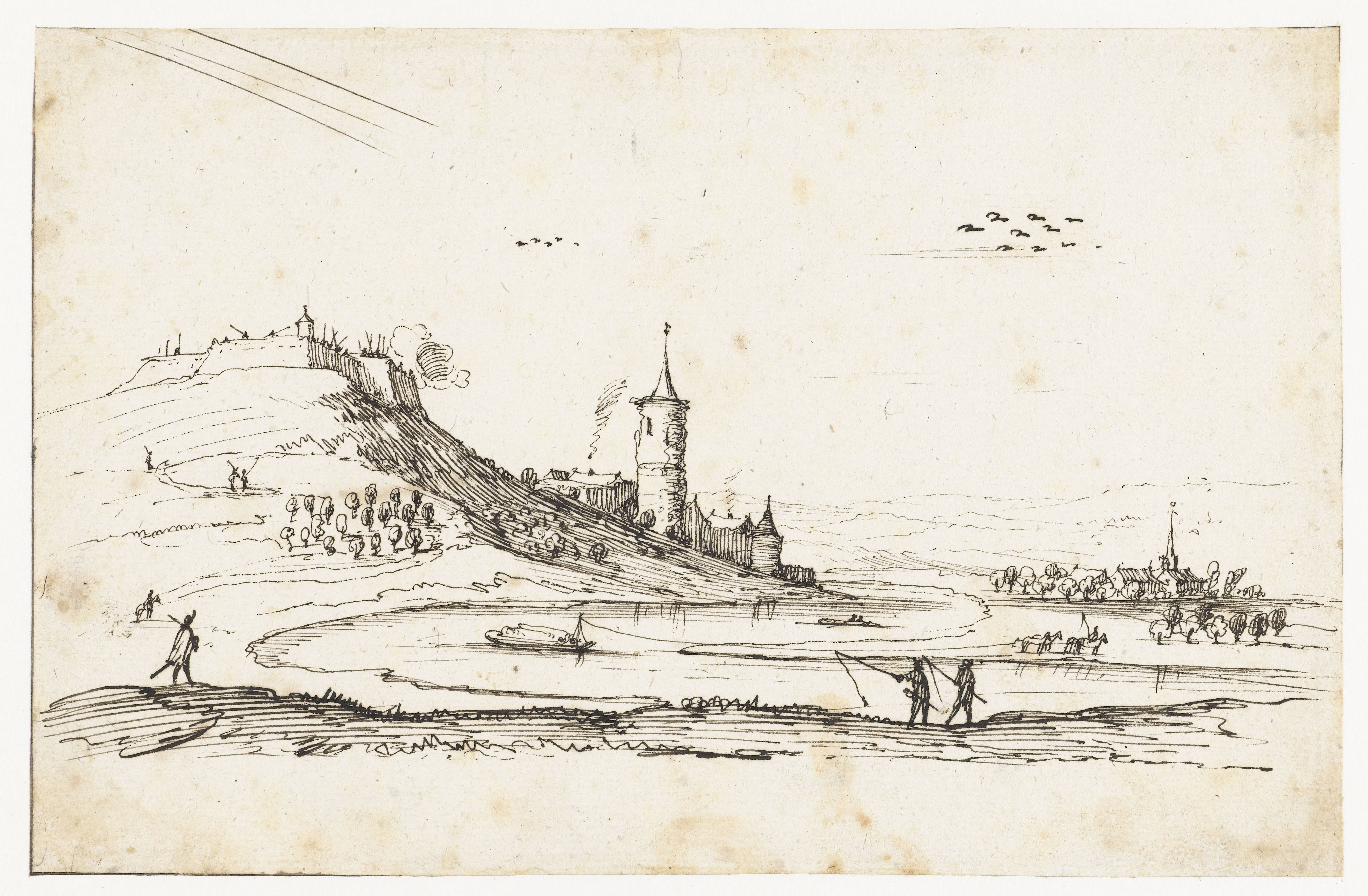 Vesting op een berg, met een dorp op de achtergrond