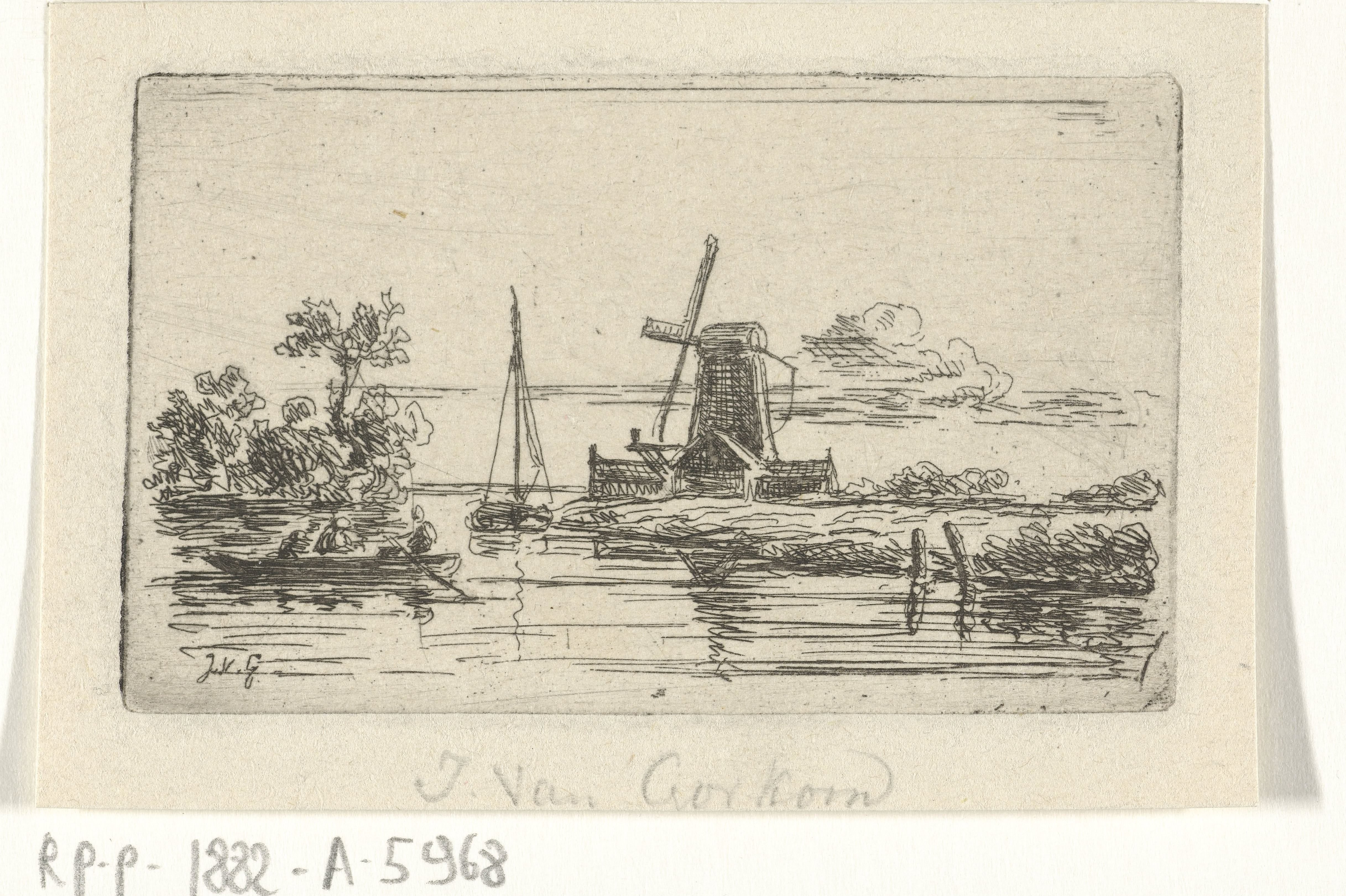 Riviergezicht met een roeiboot en molen