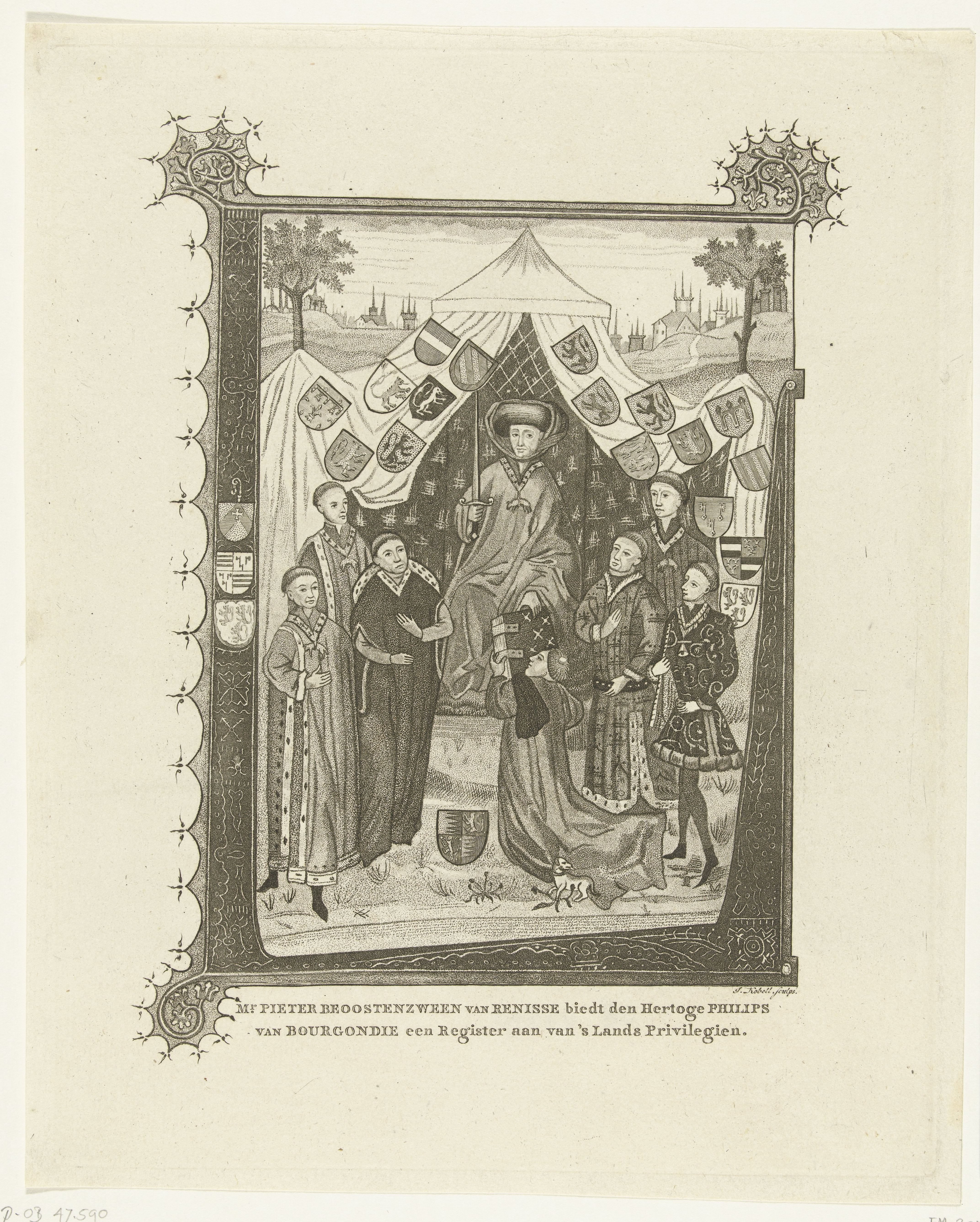 Mr. Pieter Beoostenzween van Renesse biedt Filips, hertog van Bourgondië, een register van privileges aan, ca. 1464-1472