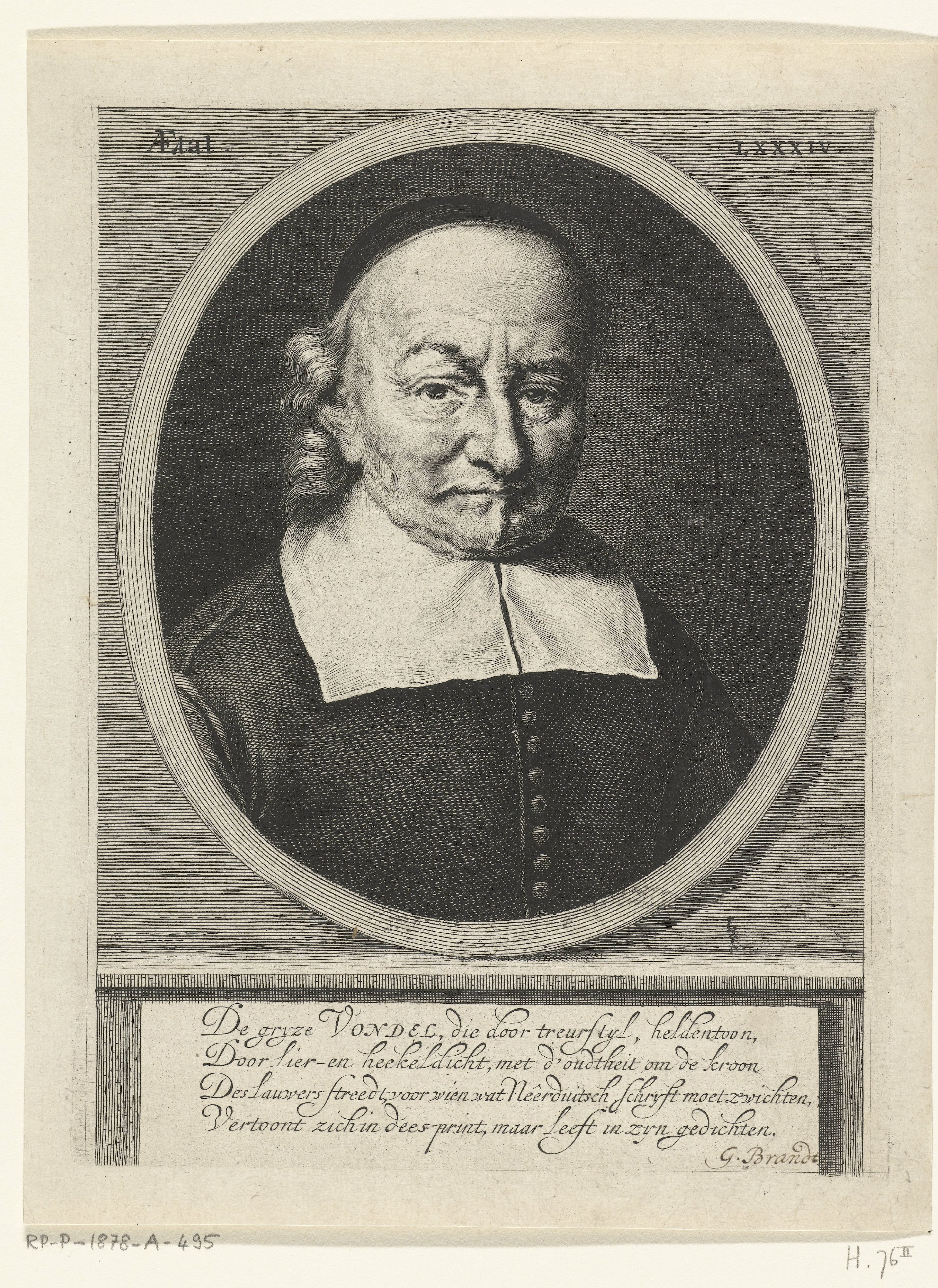 Portret van Joost van den Vondel op 84-jarige leeftijd
