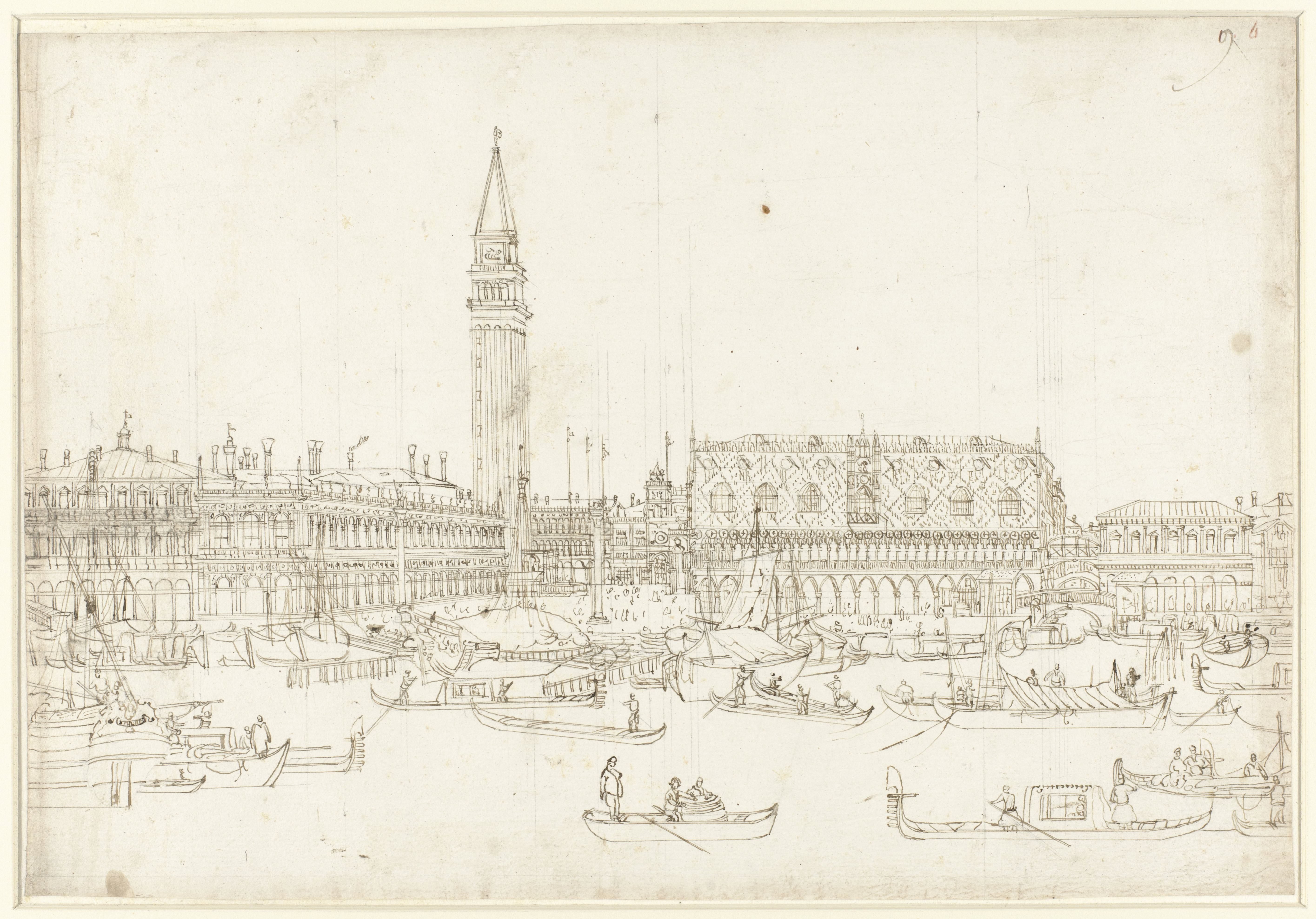 Gezicht op de Bibliotheek, Campanile en Dogenpaleis te Venetië, gezien vanaf het water