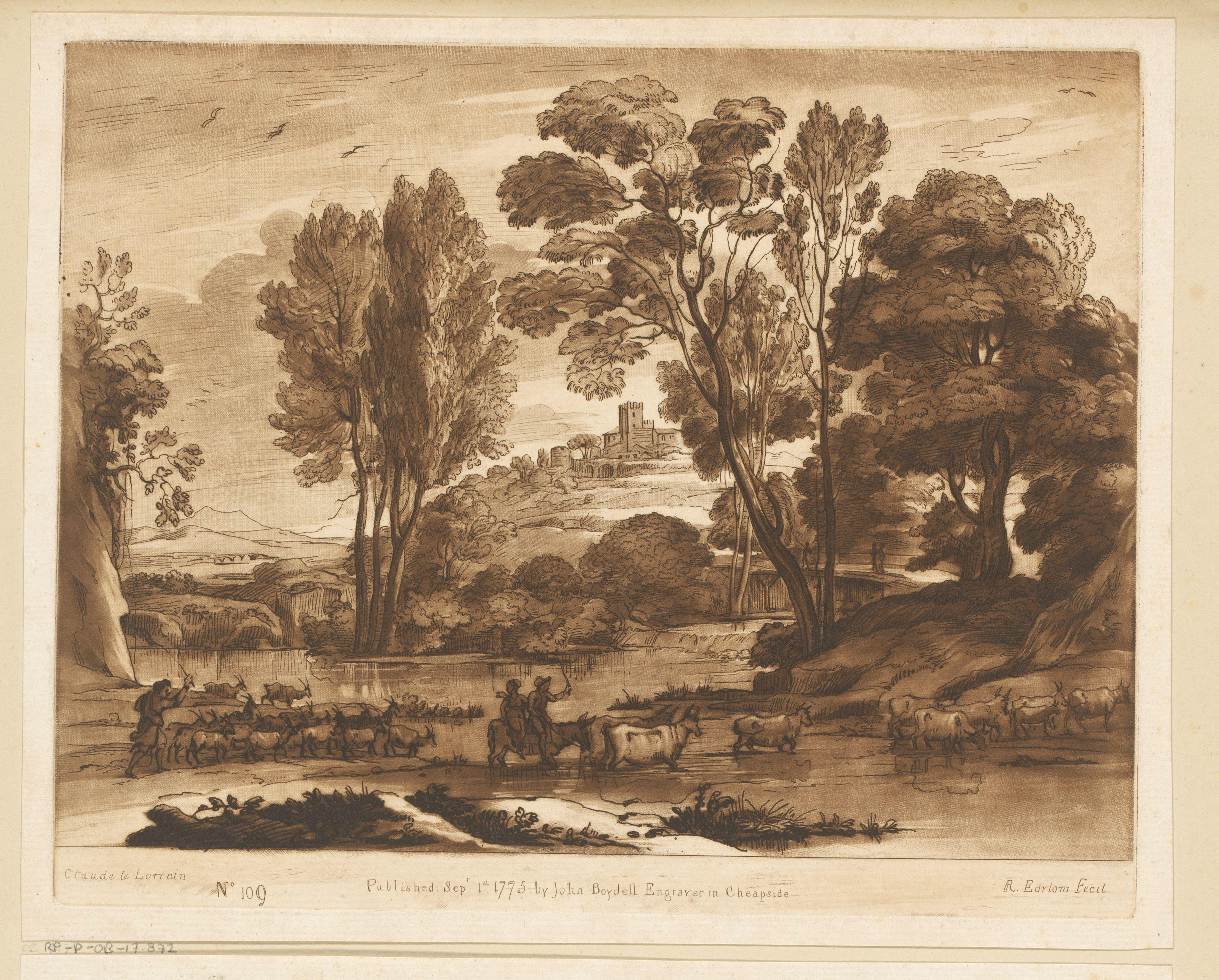 Landschap met dorp op een heuvel en drie veedrijvers die rivier oversteken
