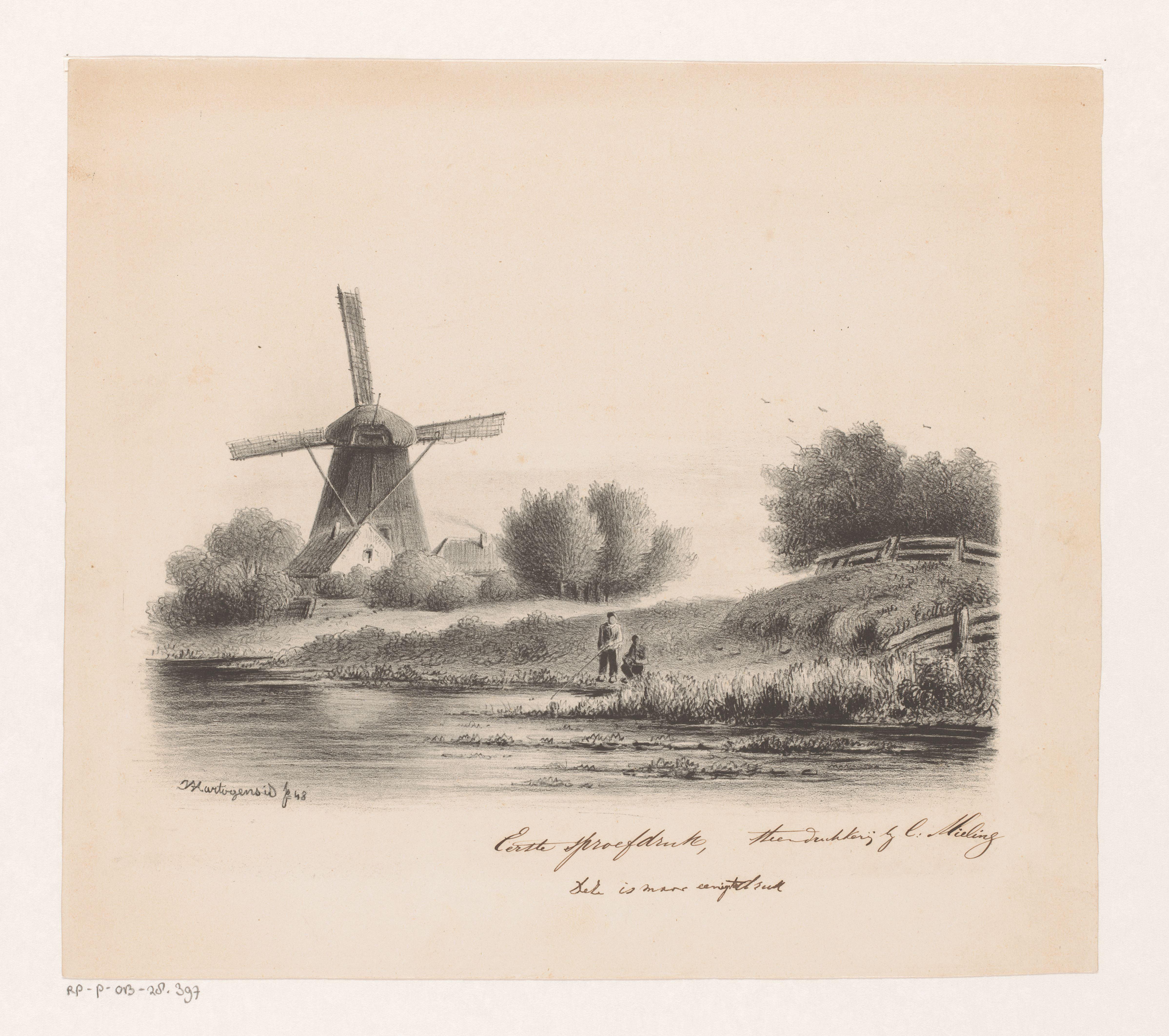 Landschap met molen en twee vissers
