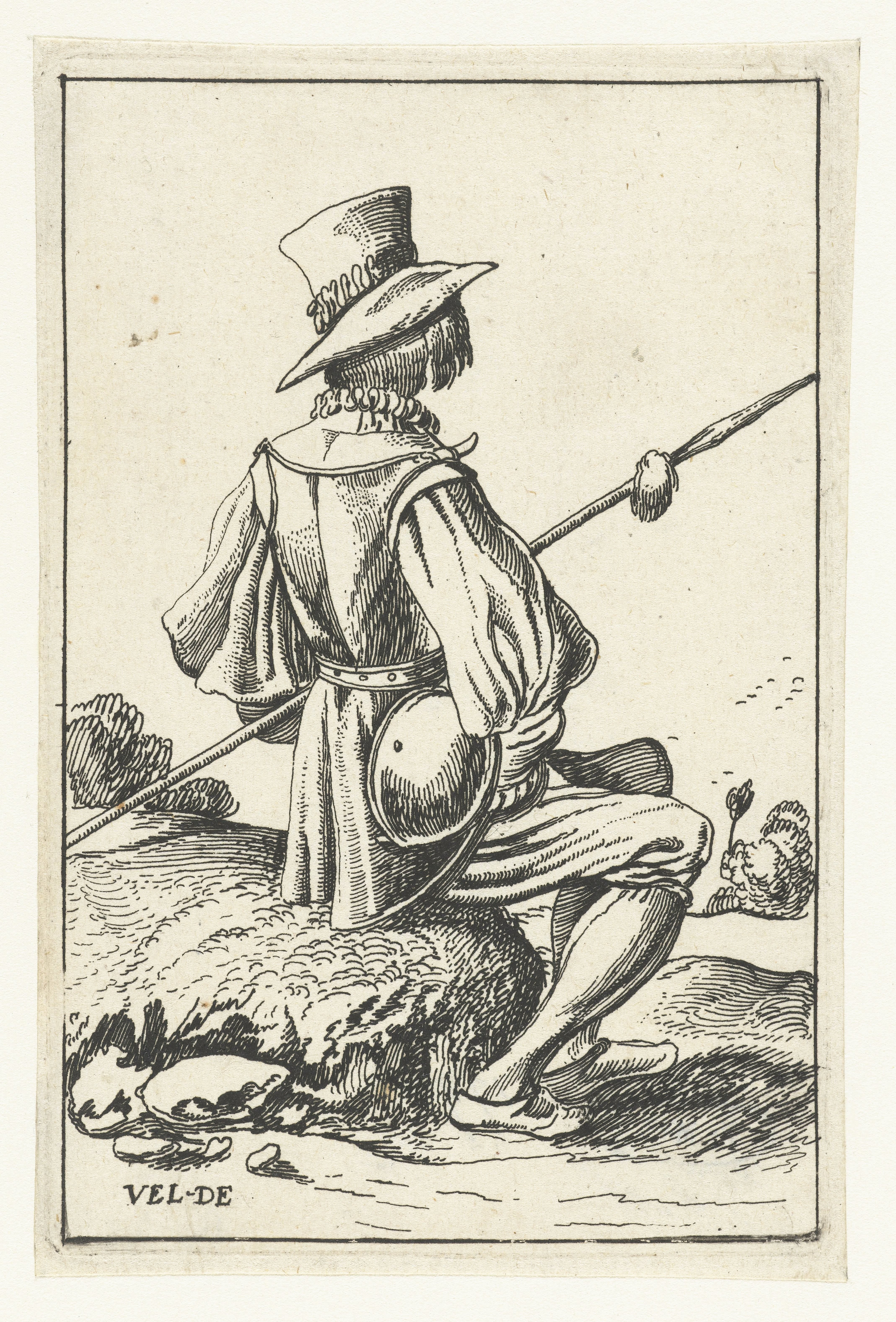 Zittende soldaat op de rug gezien