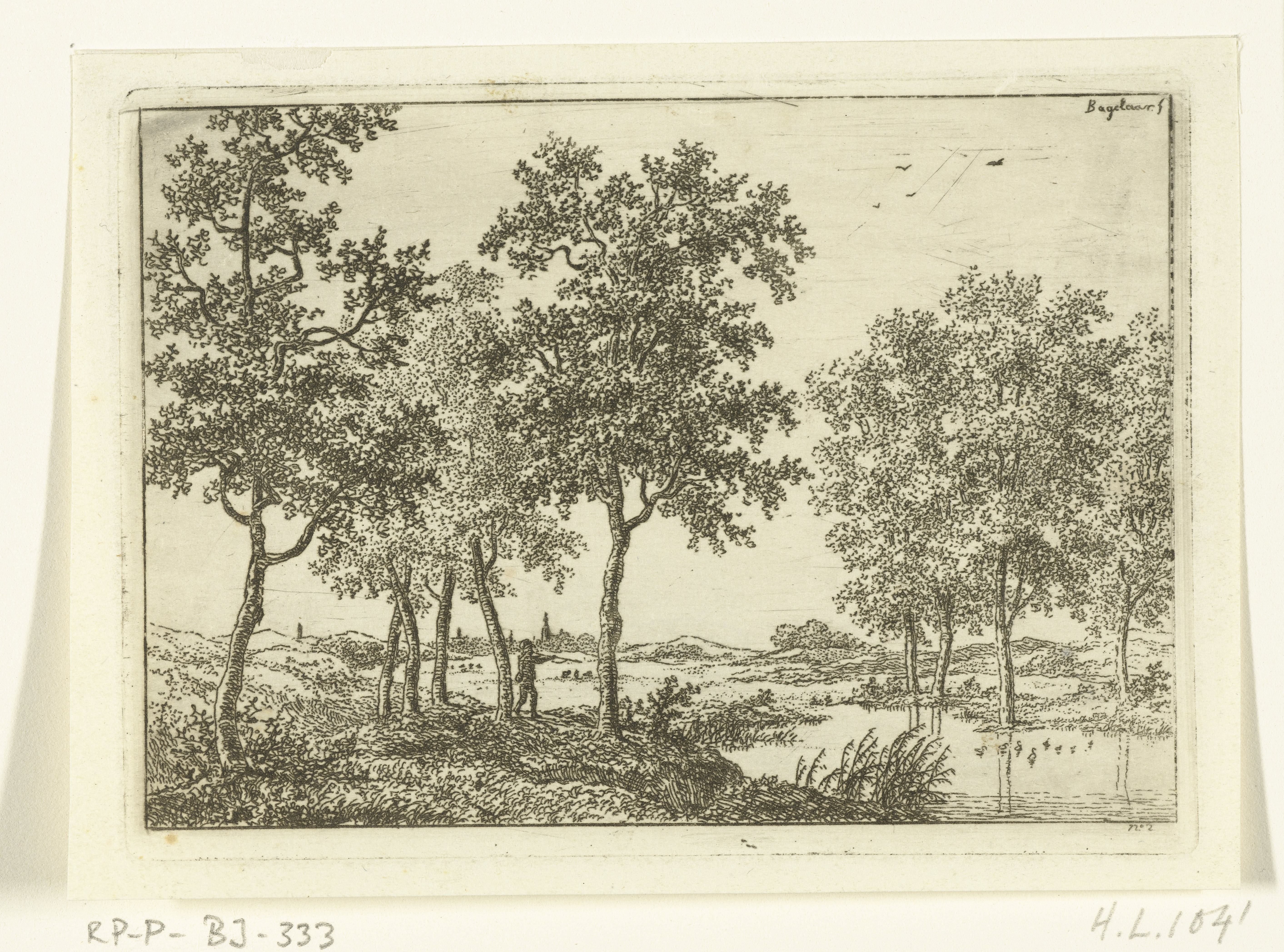 Landschap met jager die op wilde eenden schiet