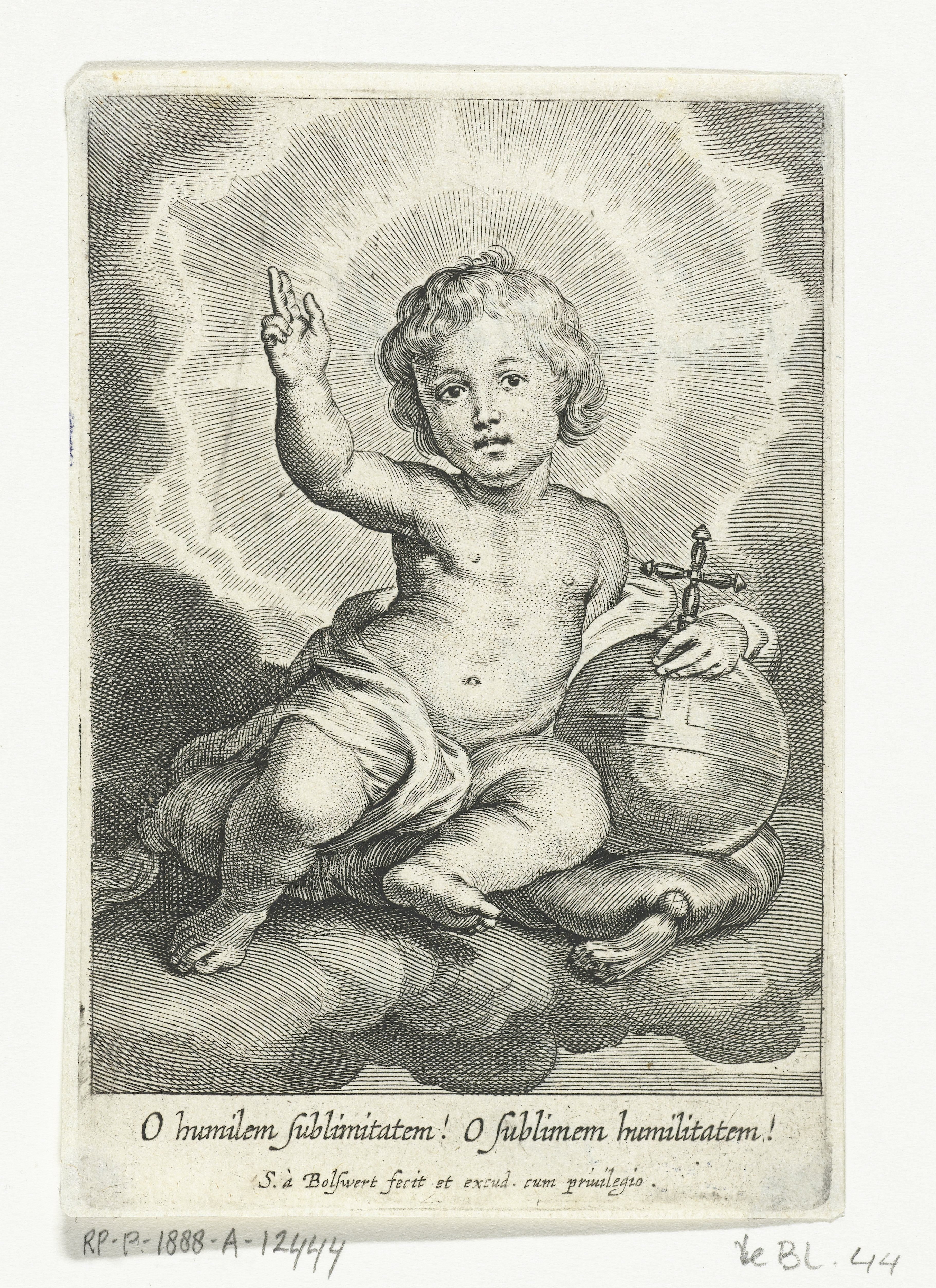 Christuskind als Salvator Mundi zittend op wolk