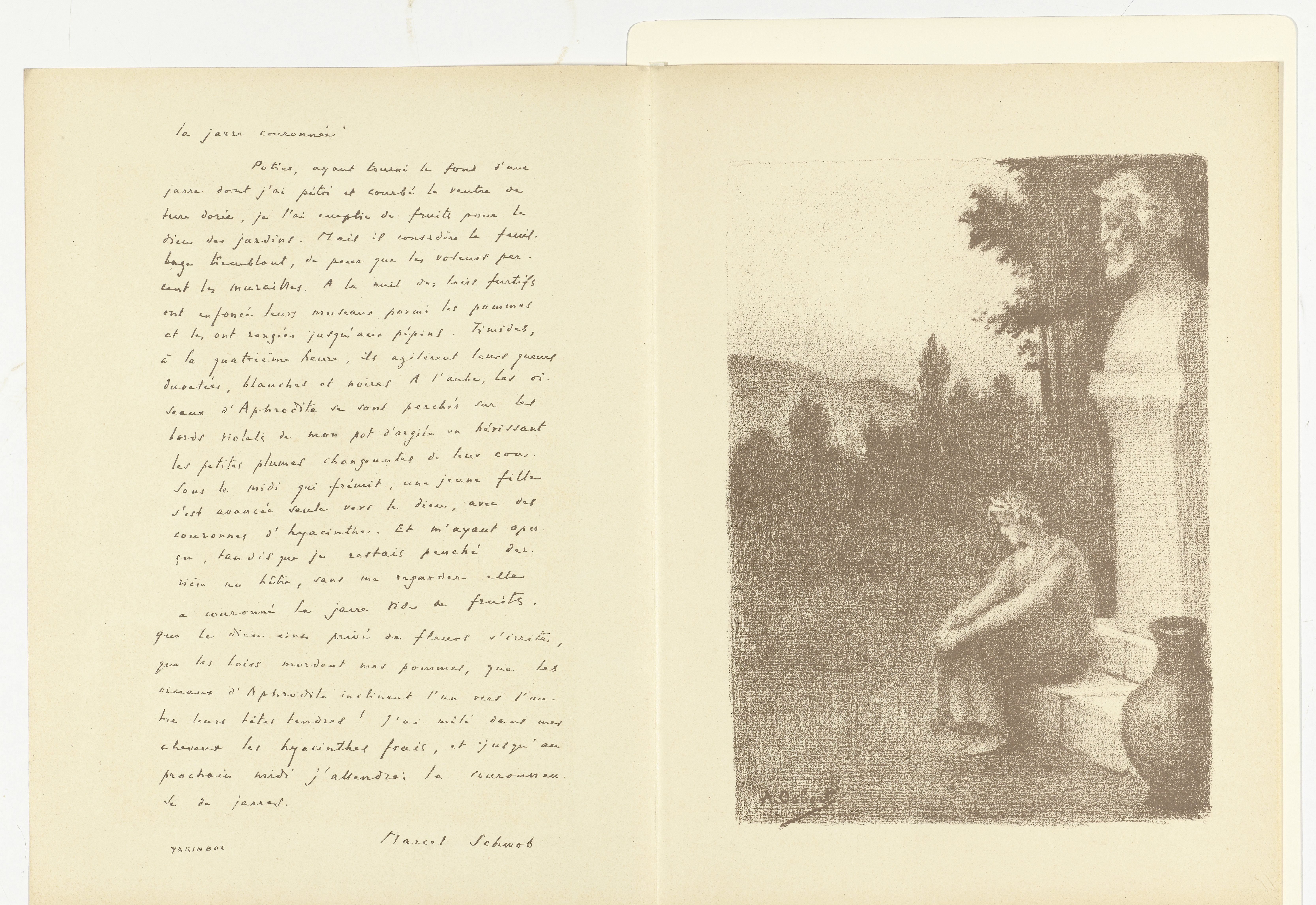 Illustratie met vrouw zittend bij buste van man en waterkruik bij gedicht La jarre couronnée van Marcel Schwob