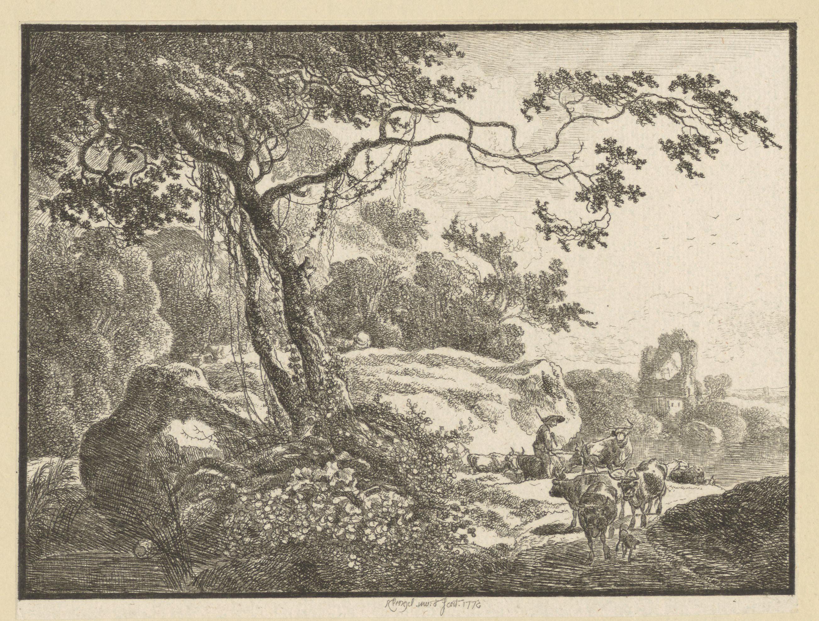 Rotsachtig landschap met ruïnes en herder met runderen bij een boom met klimplanten