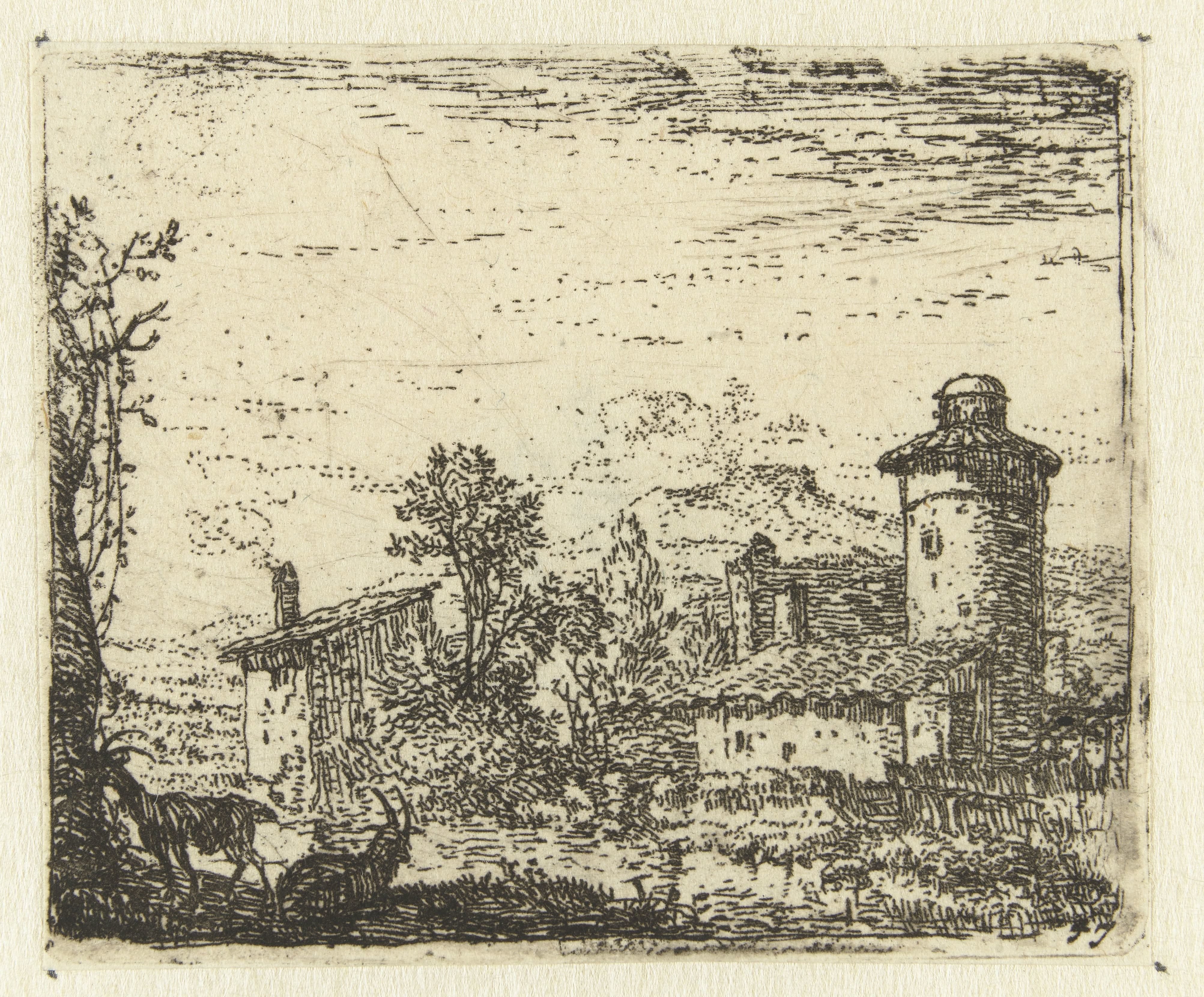 Italianiserend landschap met ronde toren en twee geiten