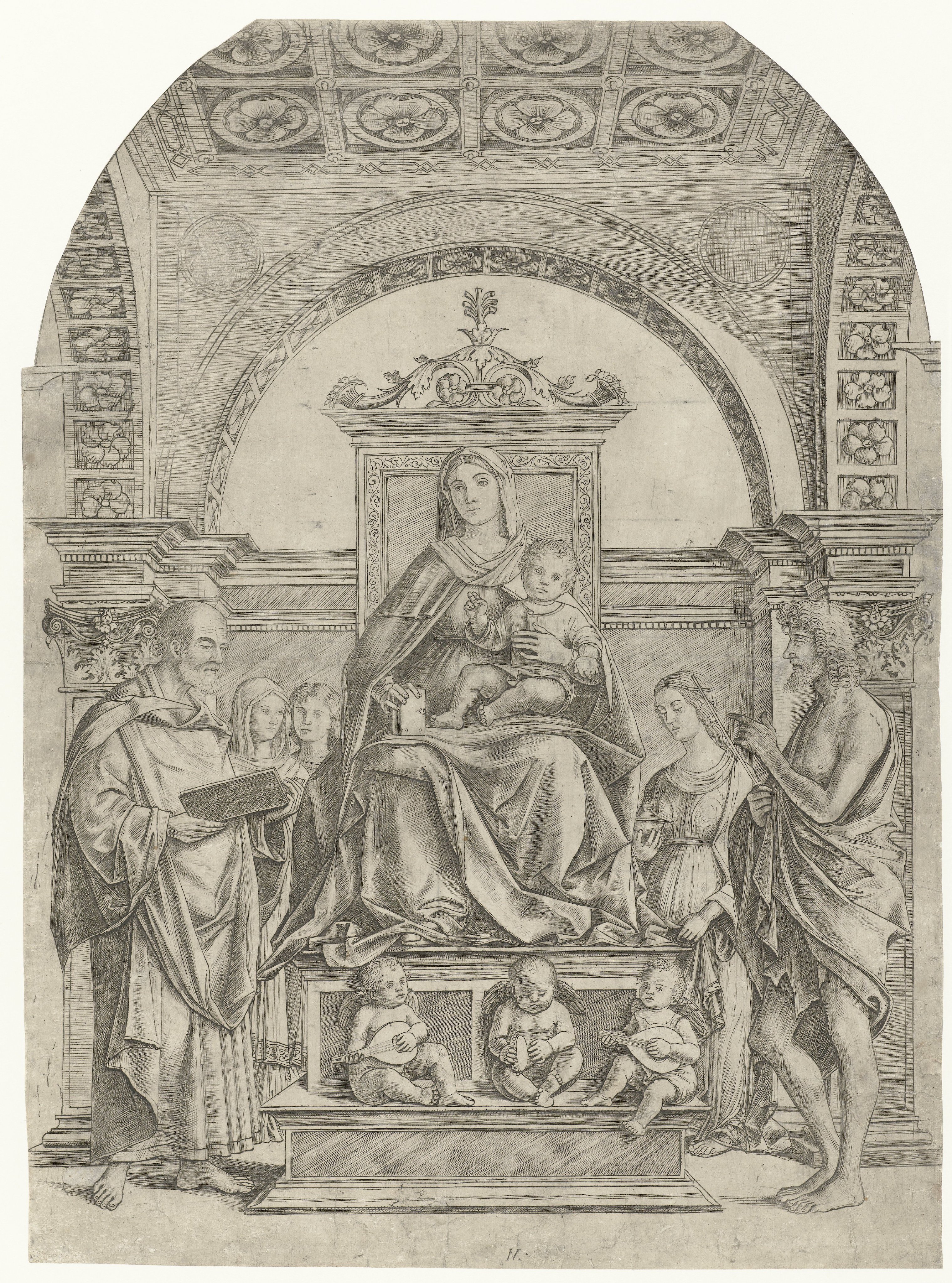 Maria met kind zittend op een troon tussen Petrus en Johannes de Doper met musicerende engelen en drie vrouwelijke heiligen op de achtergrond