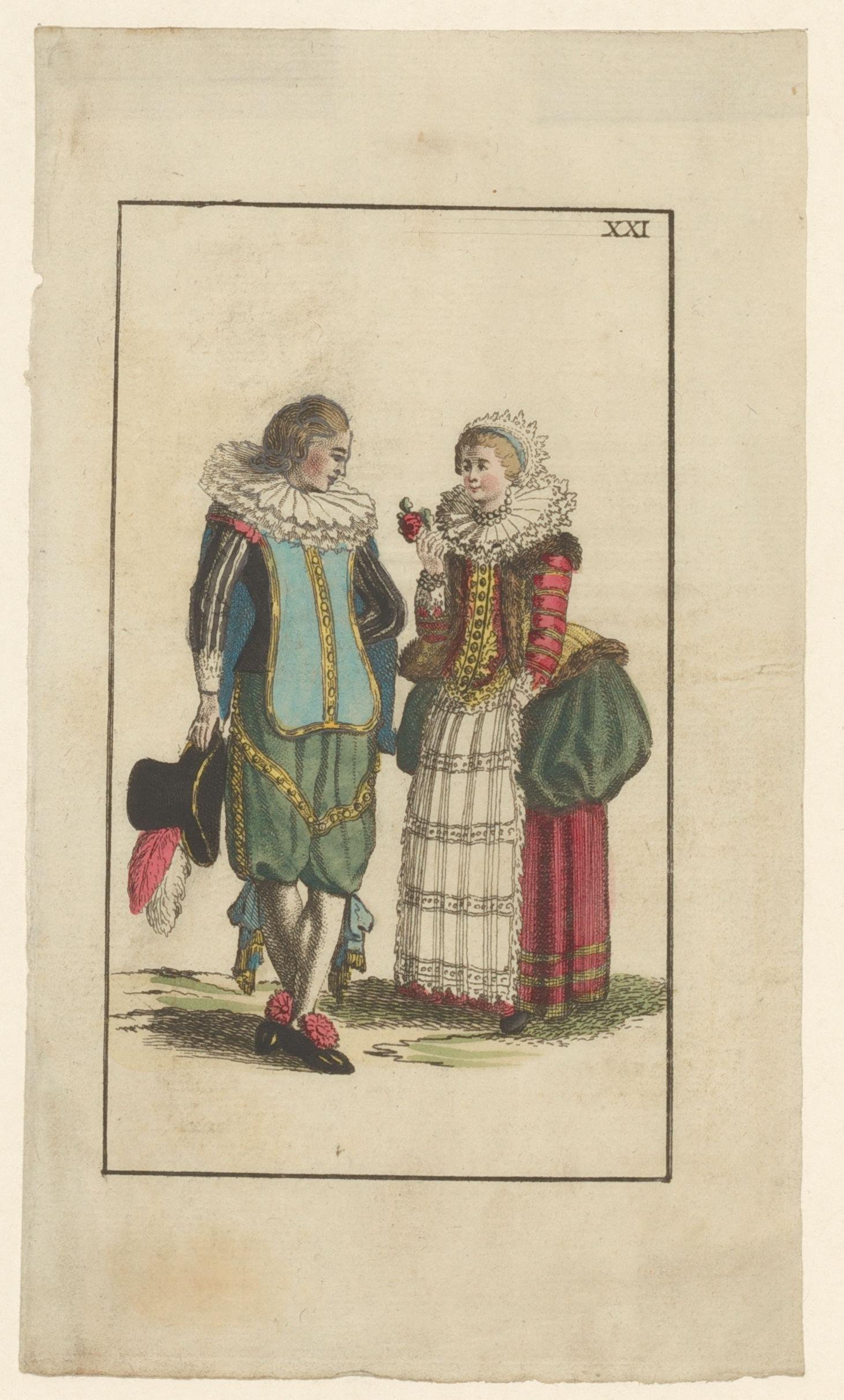 Staande man en vrouw in kleding van ca. 1625