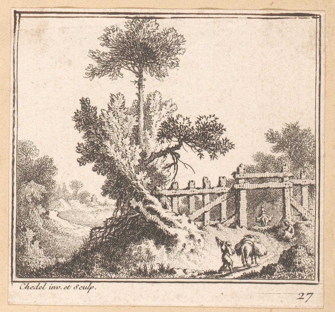 Landschap met reizigers bij een hek met poort