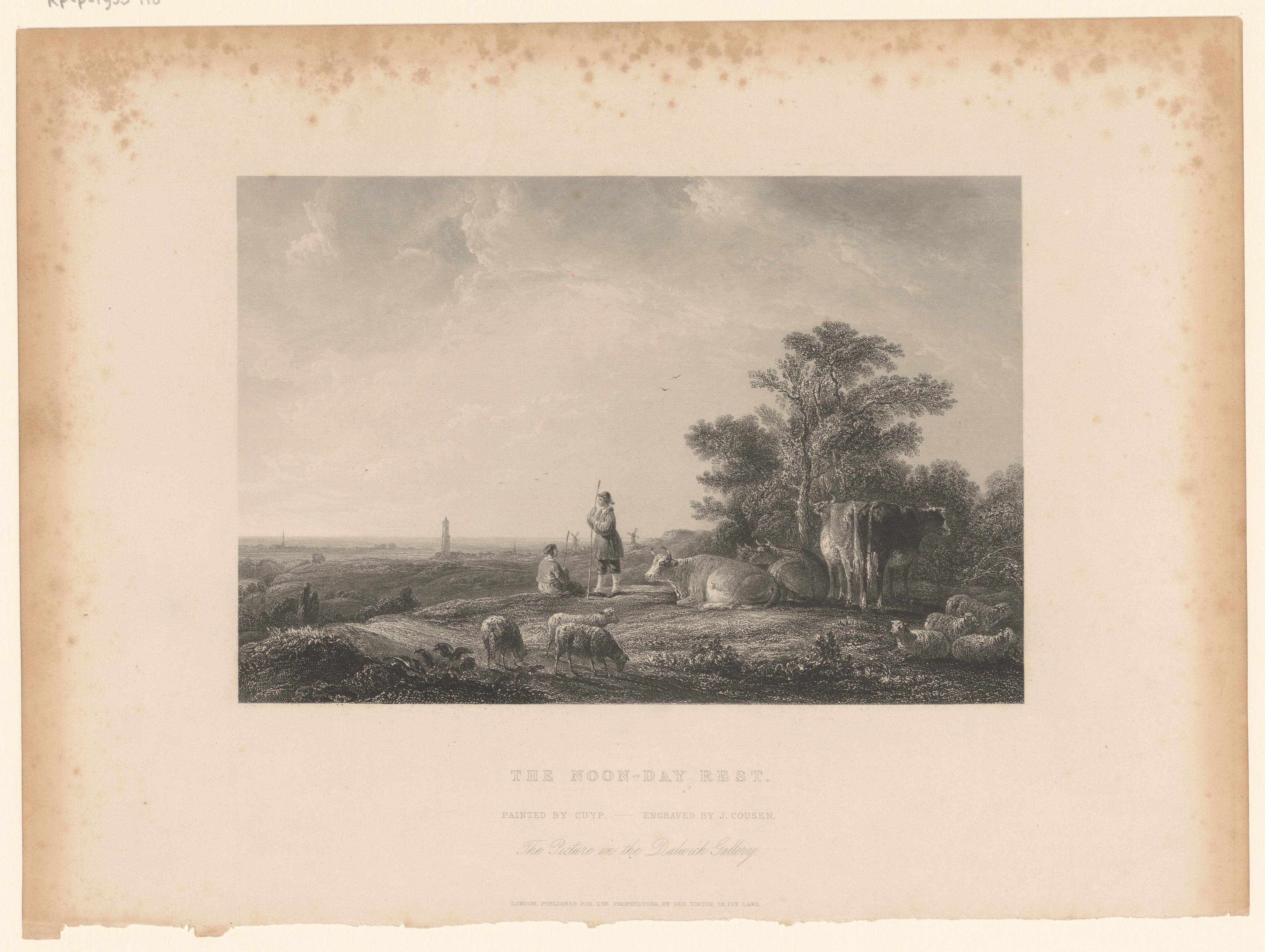 Landschap met rustende herders met hun vee en in de verte een stad