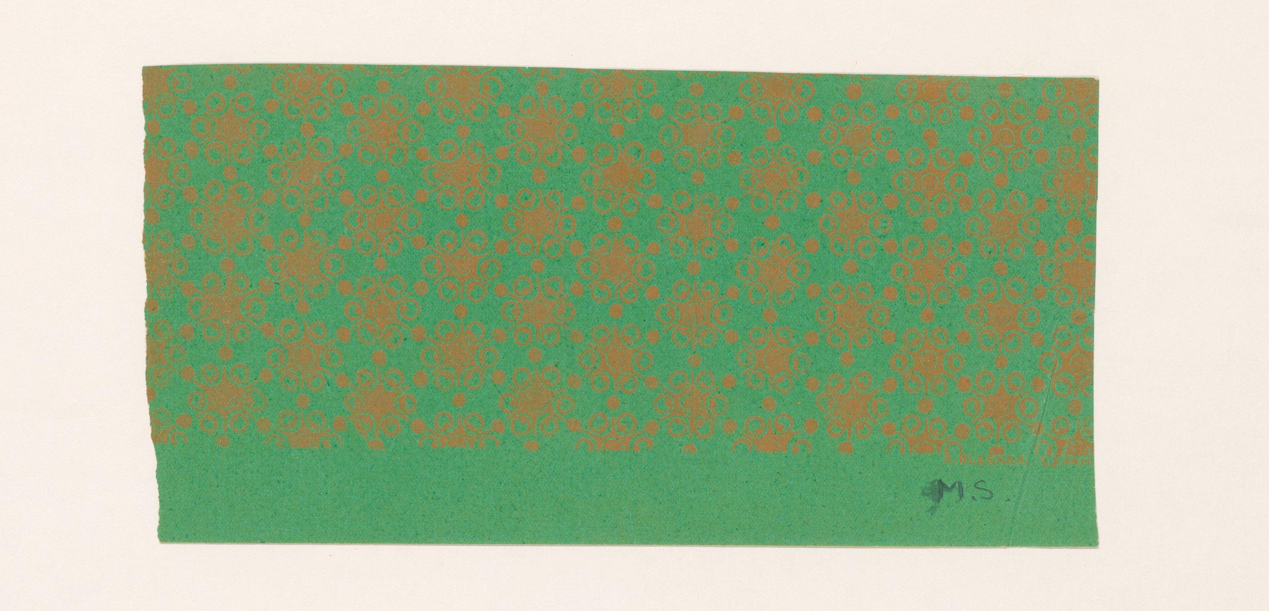 Regelmatig patroon van bloemmotief in oranje op helgroen fond
