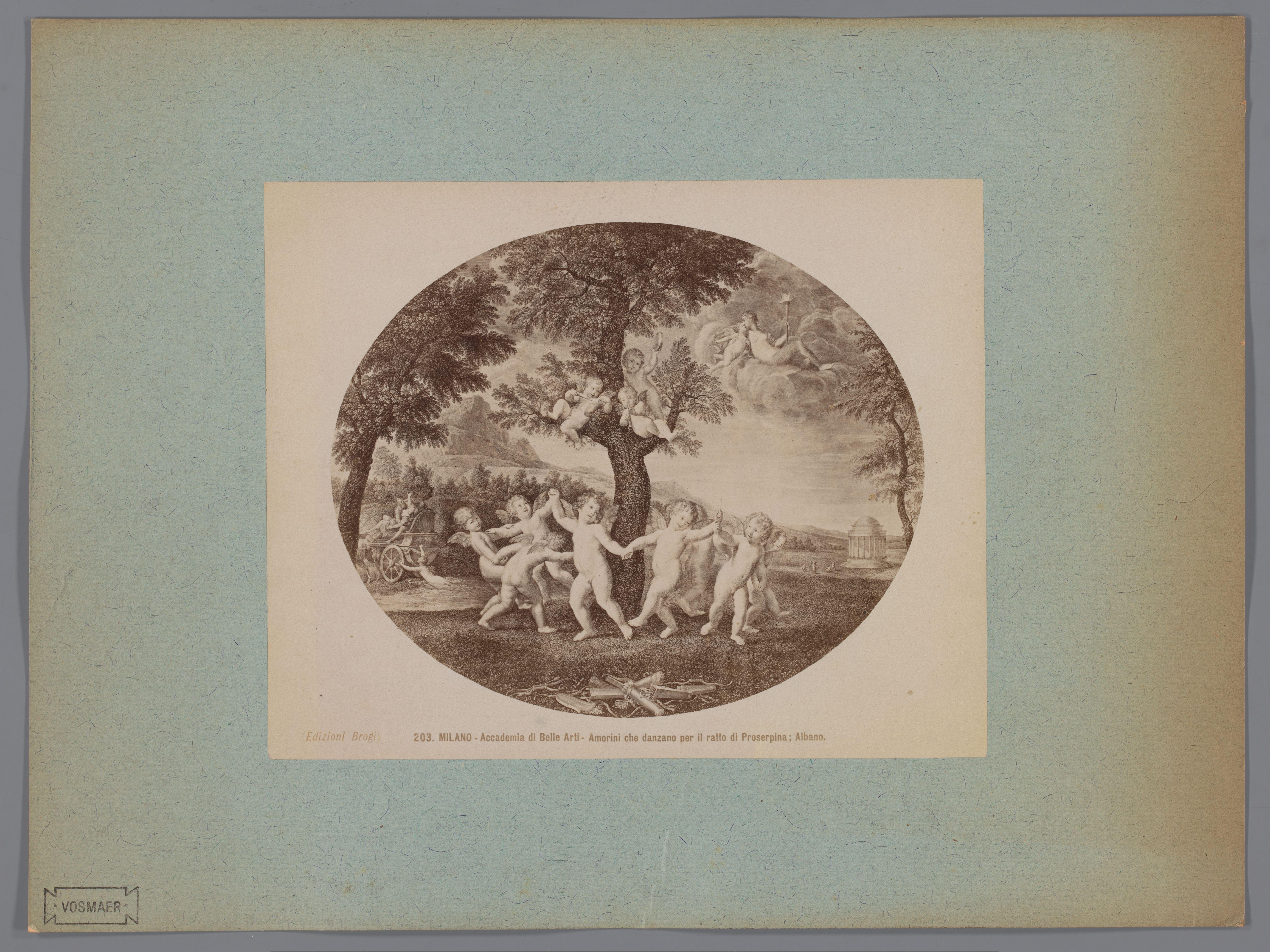 Fotoreproductie van een schilderij met putti dansend om de boom van Proserpina naar Francesco Albani