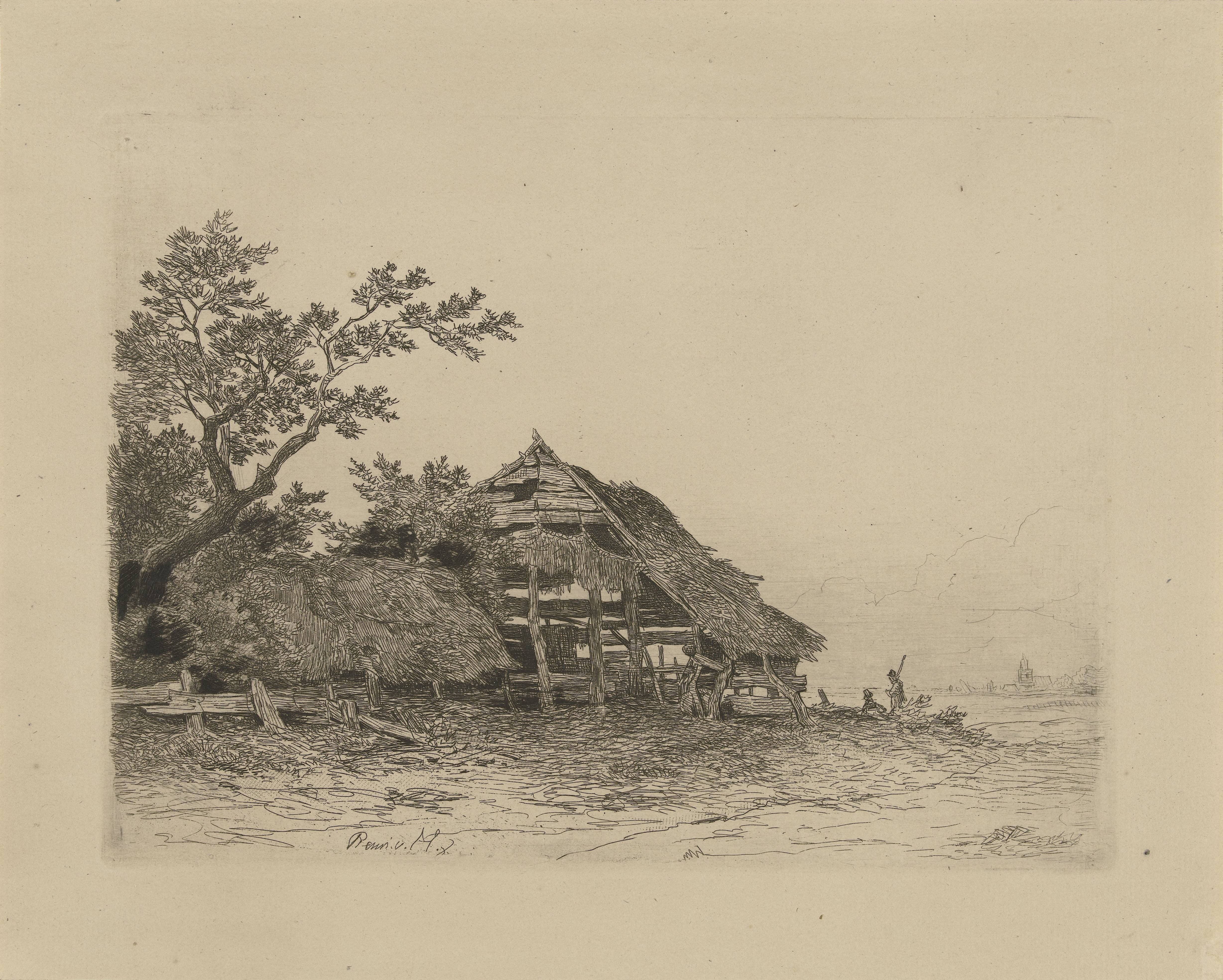 Landschap met een vervallen schuur