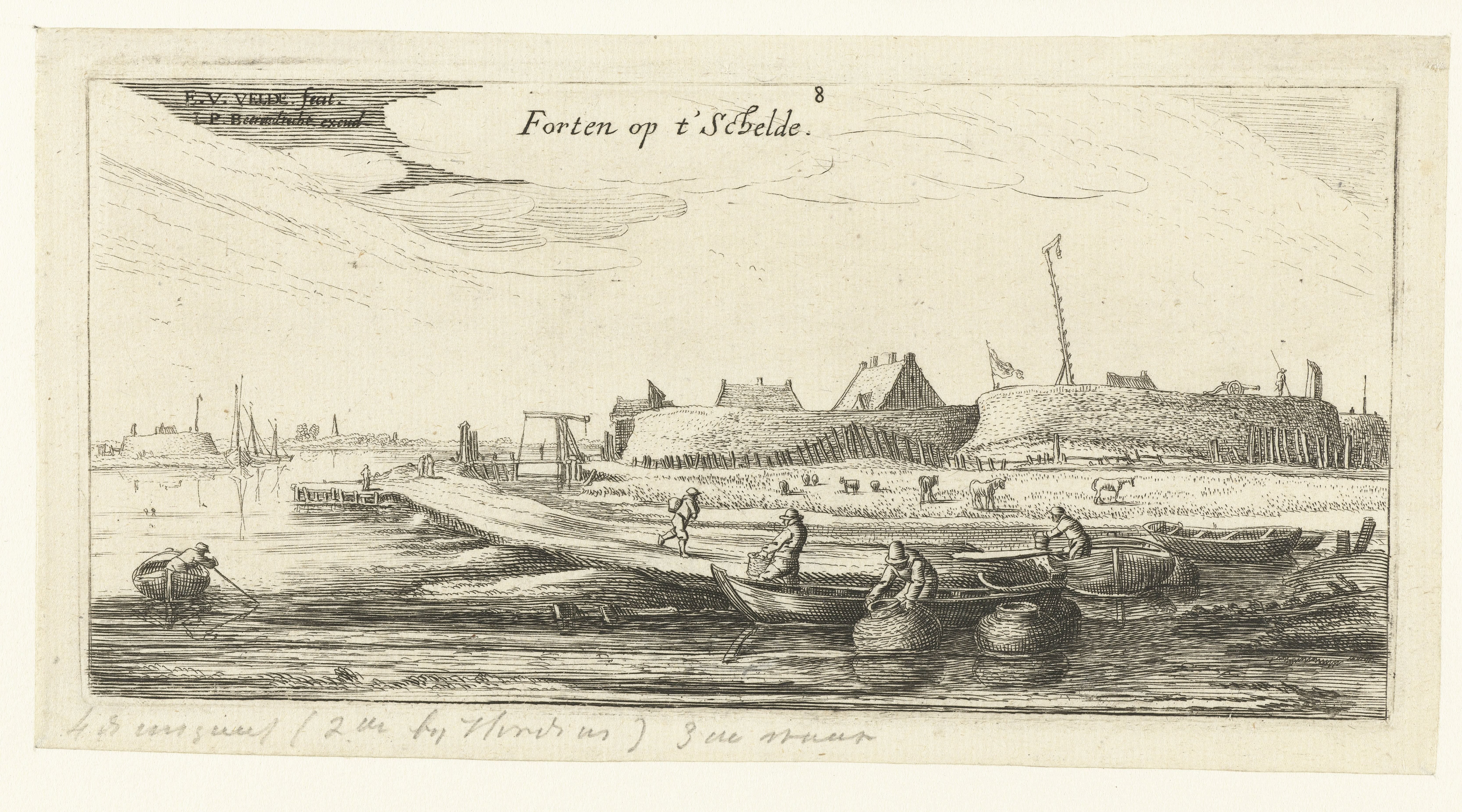 Roeiboten met vissers voor een fort aan de Schelde