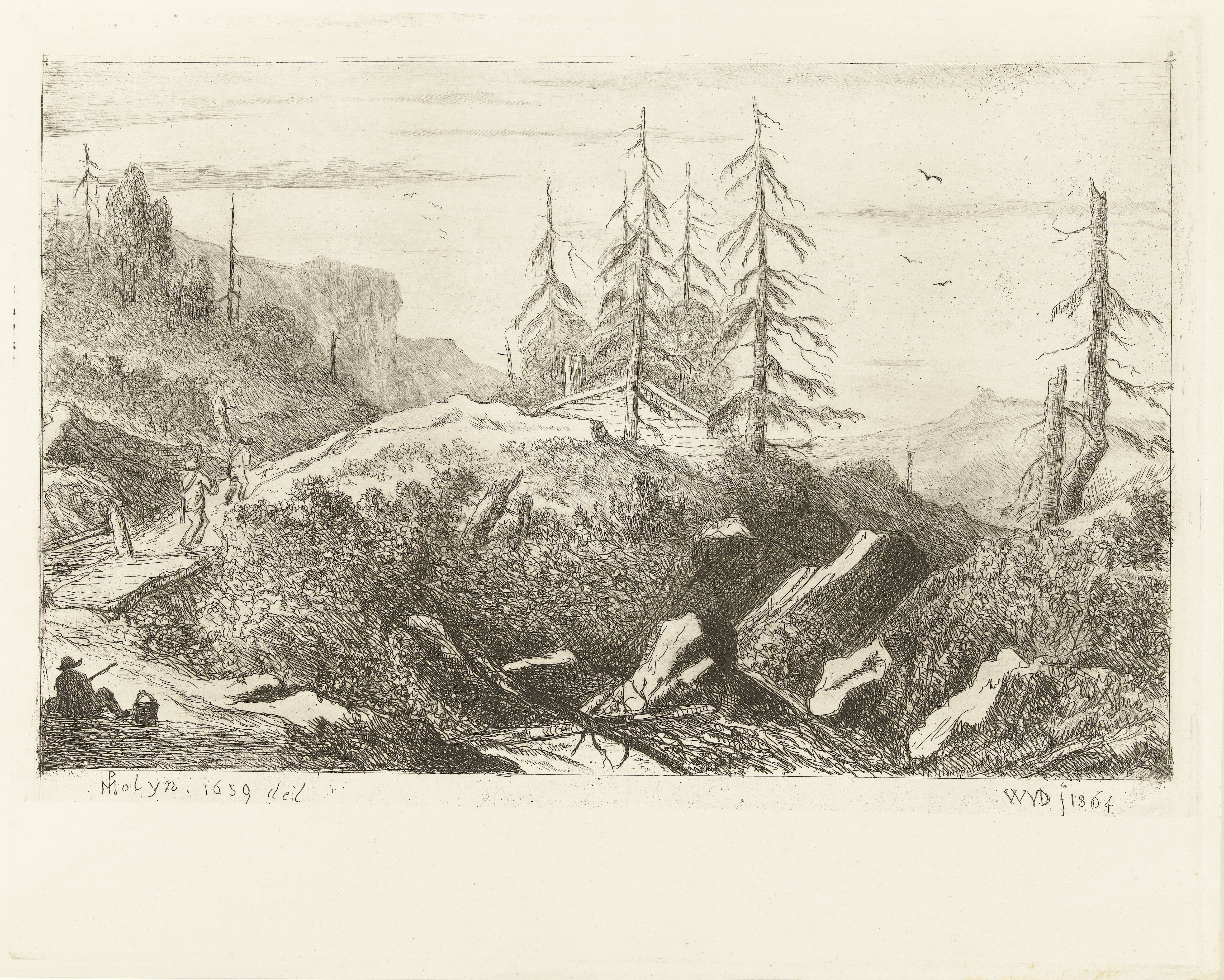 Berglandschap met huis tussen naaldbomen en figuren die brug passeren
