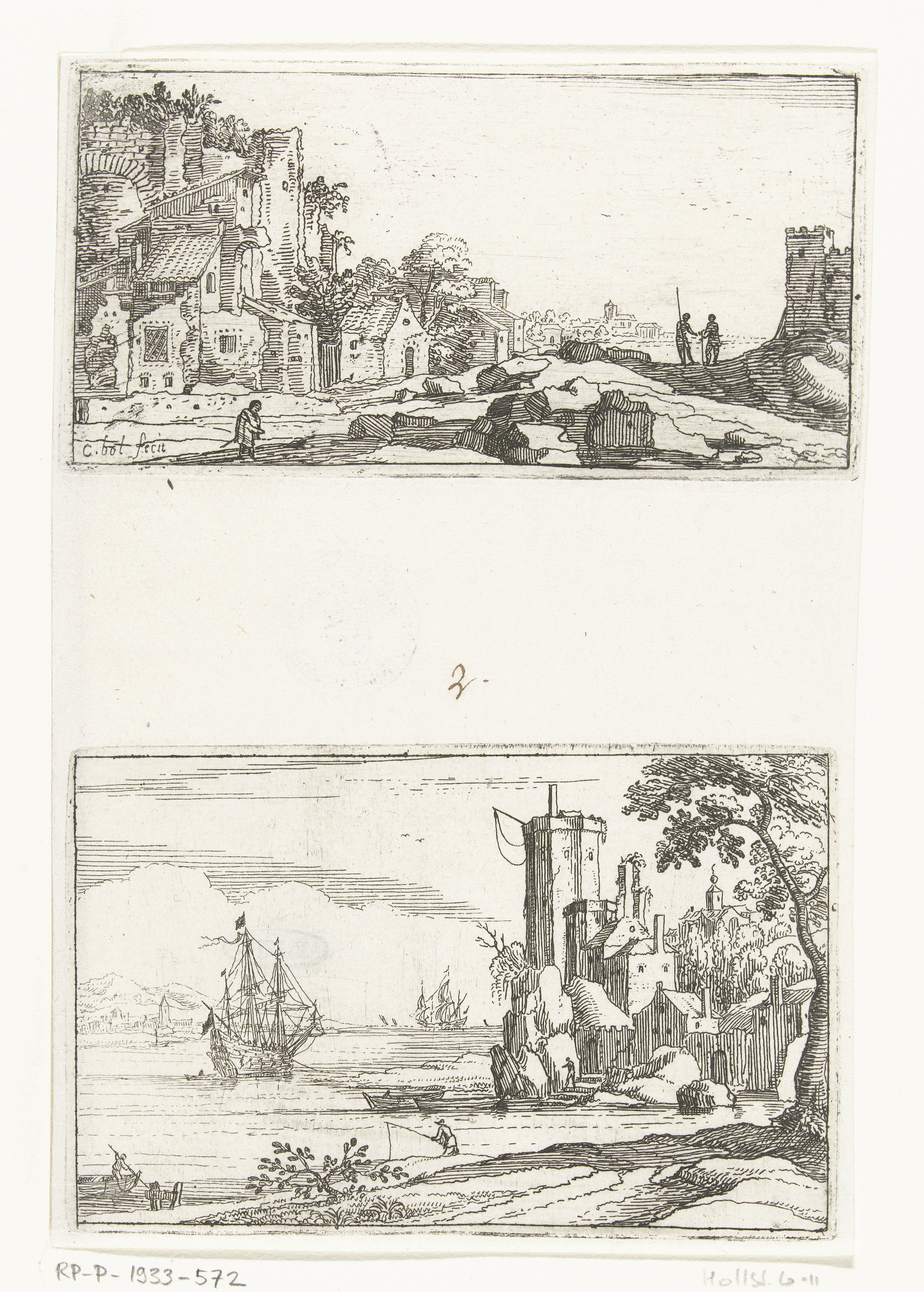 Zuidelijk landschap en Gezicht op een baai met galjoen