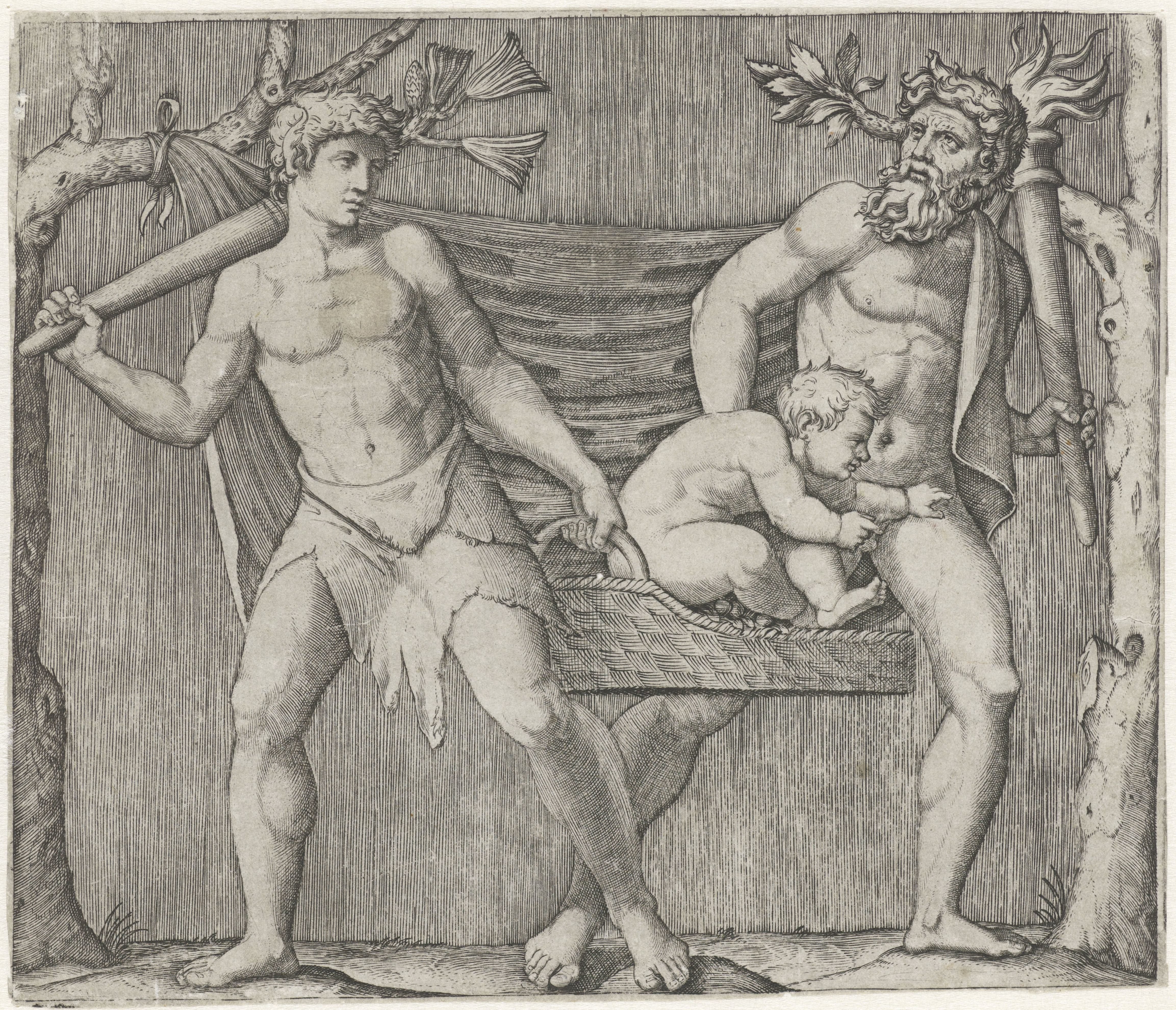 Twee fauns dragen een kind in een mand