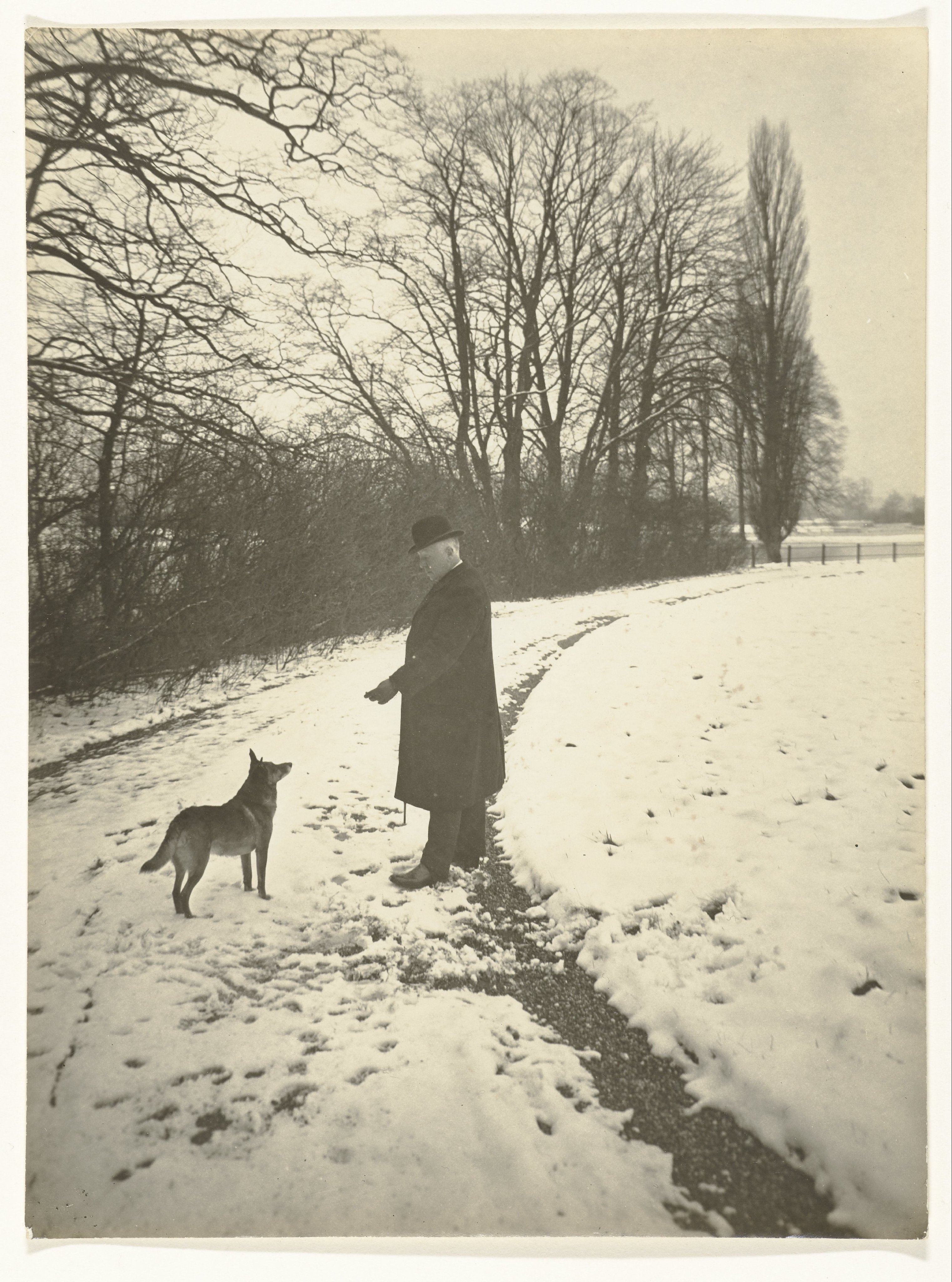 Wandelaar en hond in de sneeuw op het landgoed De Poll in Gietelo