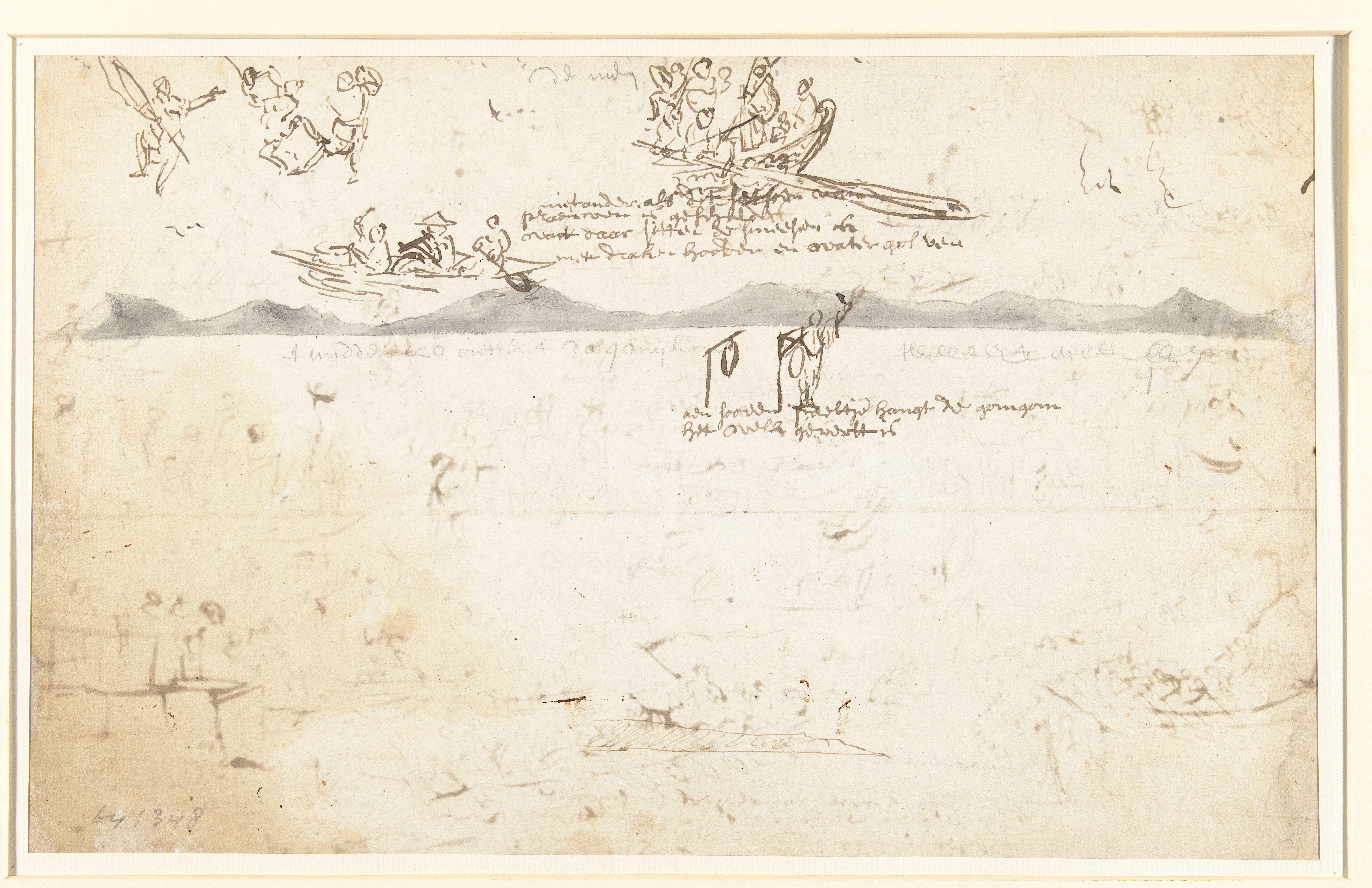 Schetsen van een landschap en figuren in boten