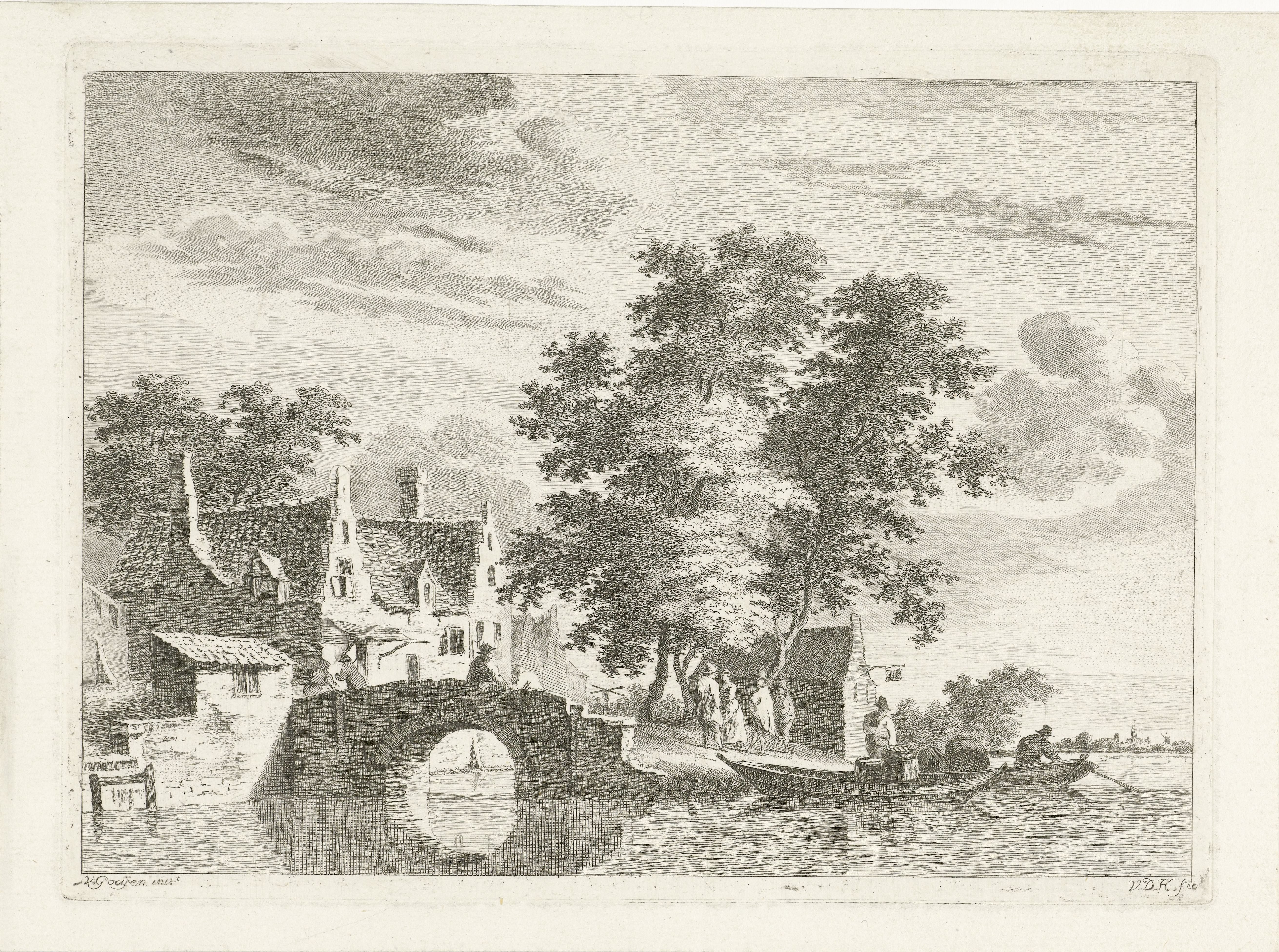 Dorpsgezicht met stenen brug