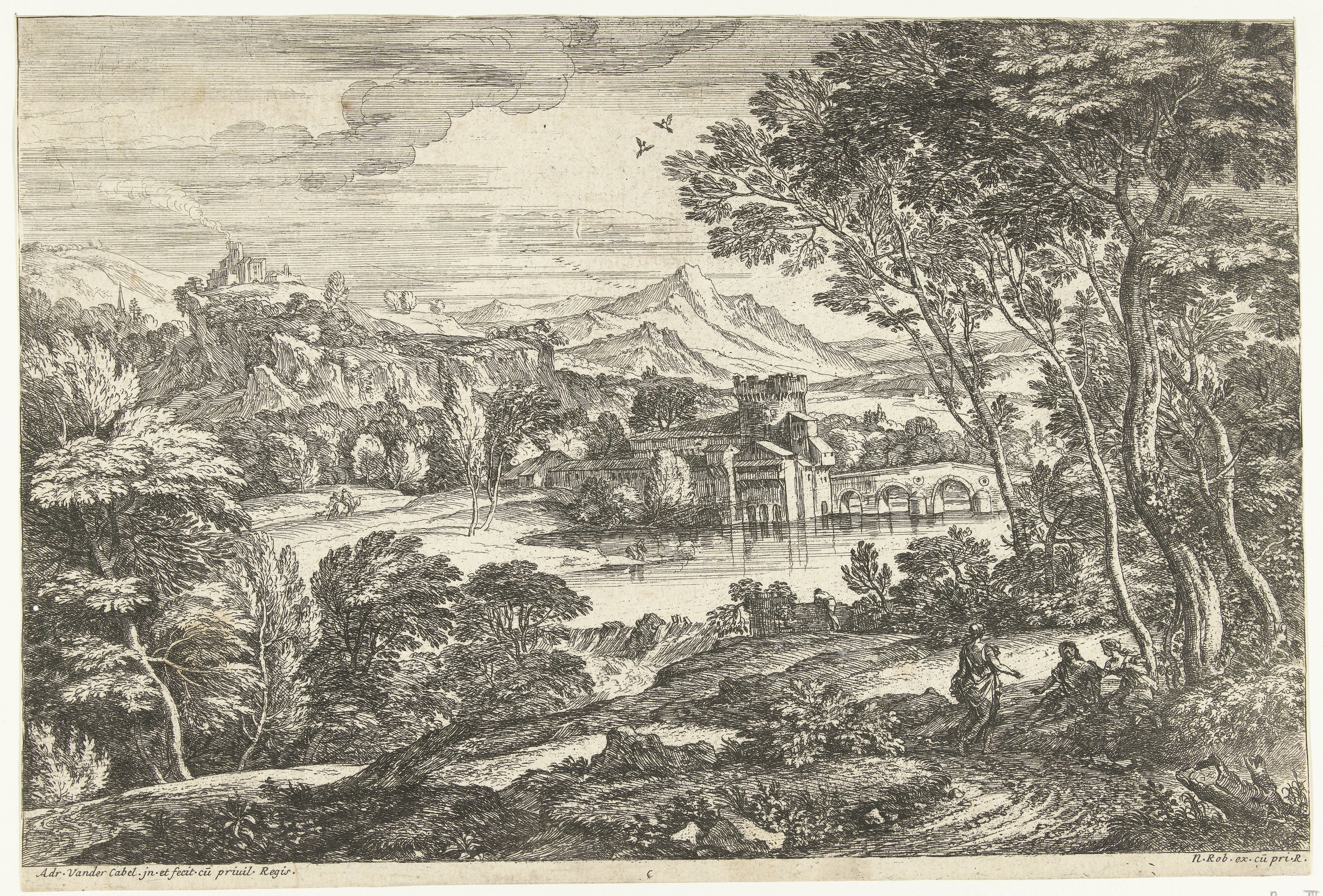Landschap met drie personen aan een pad