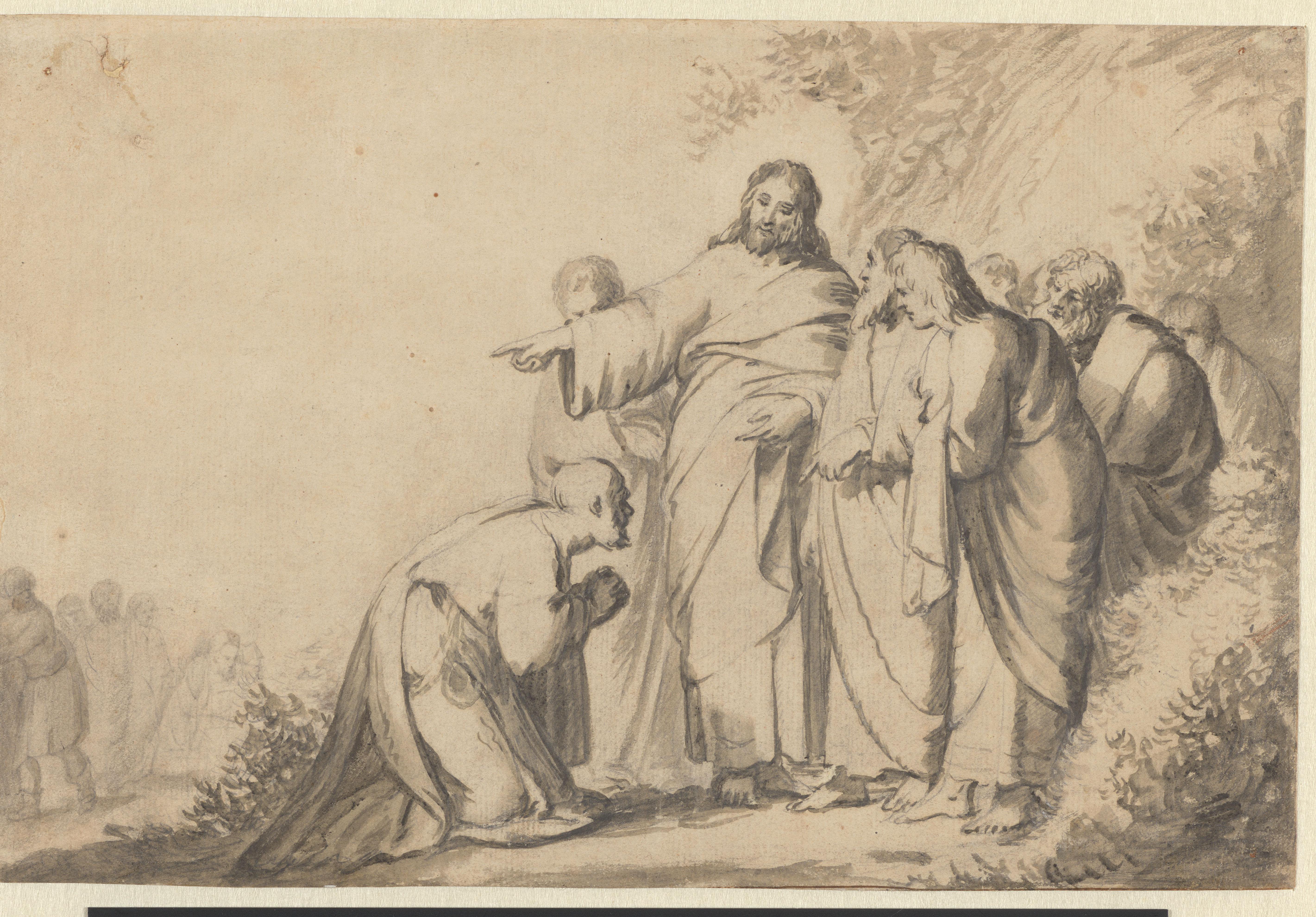 Christus met een knielende man en zijn discipelen