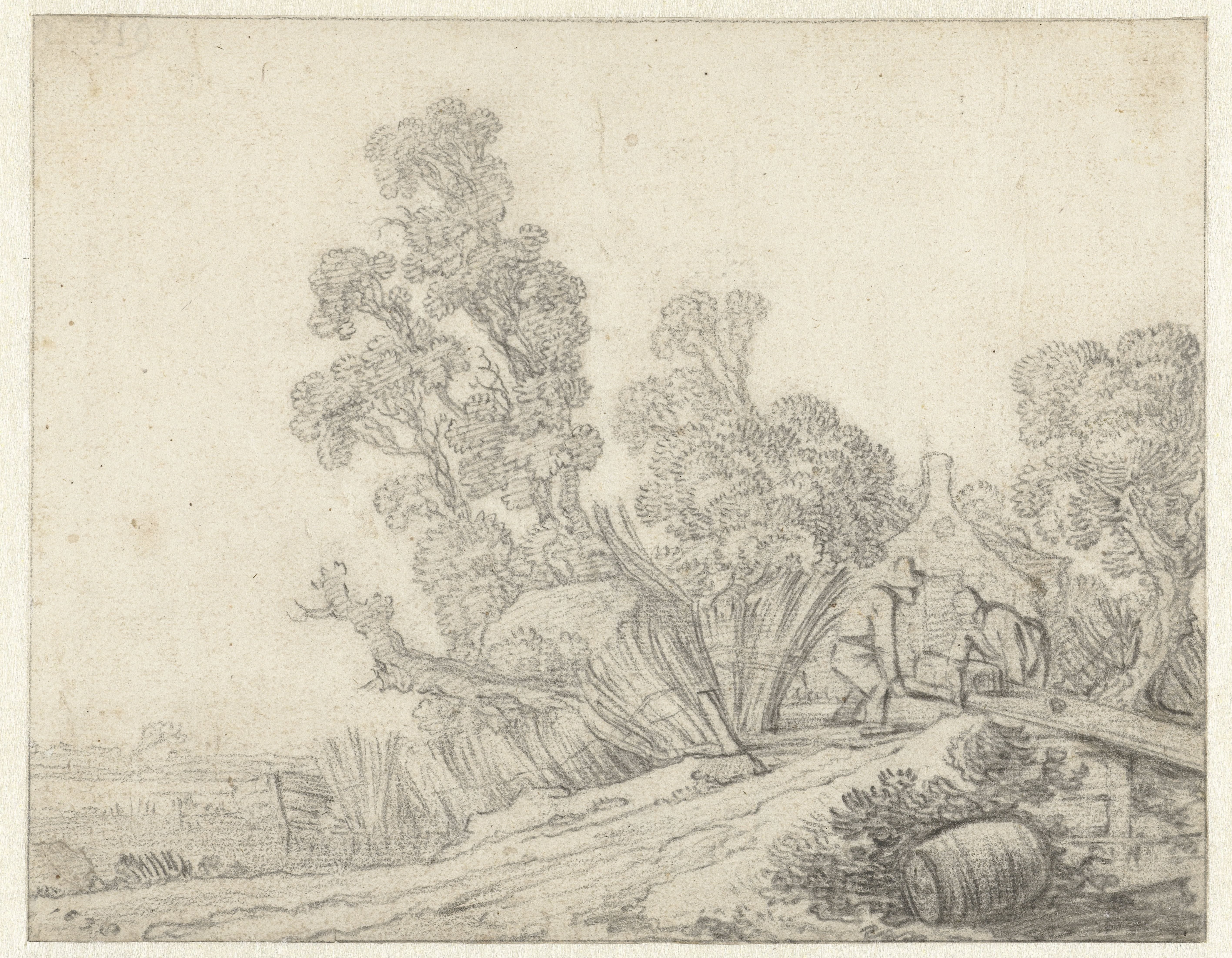 Landschap met twee figuren voor een boerderij