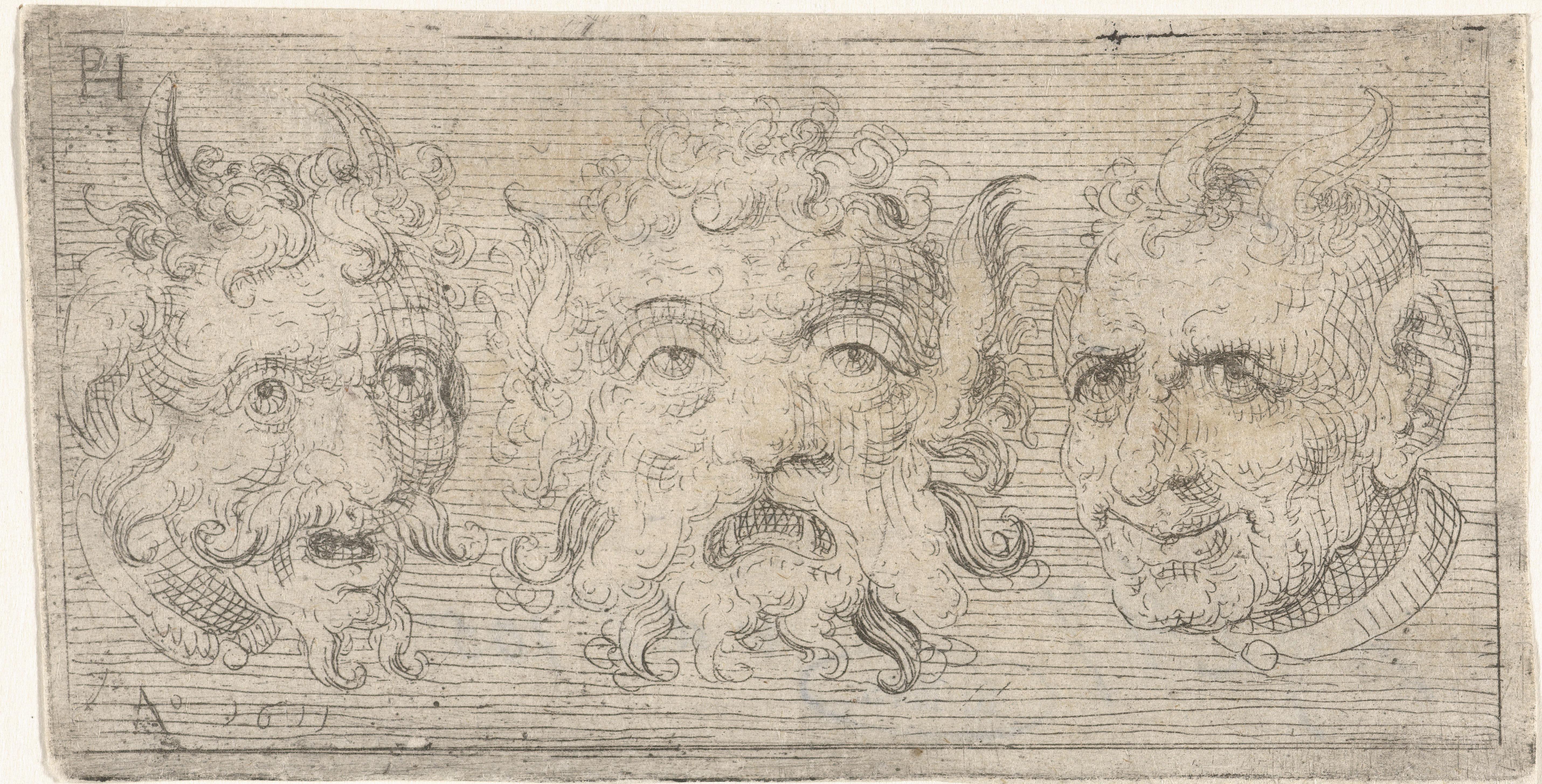 Drie maskers, waarvan twee met hoorns