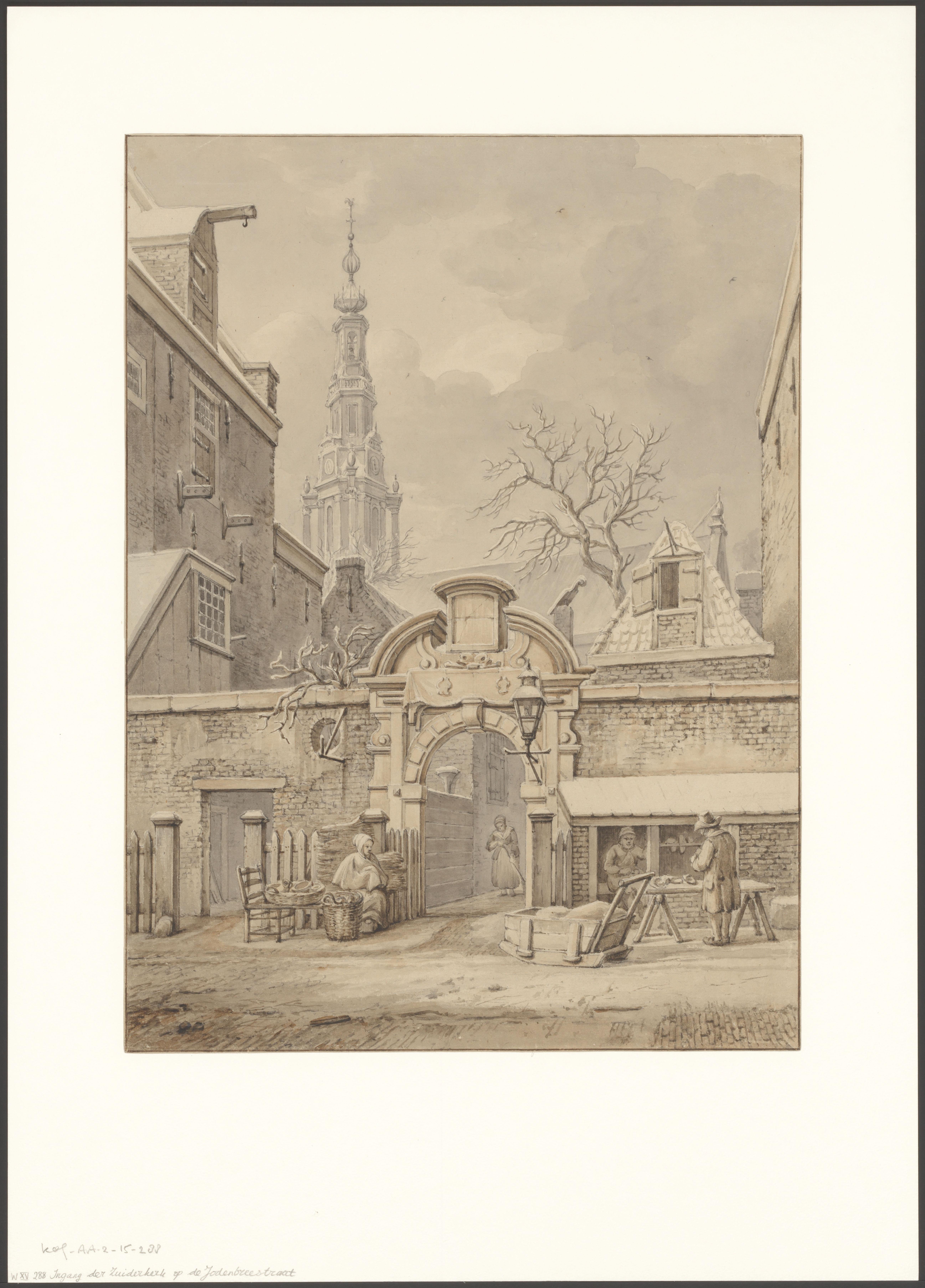 Gezicht op de ingang van de Zuiderkerk aan de Jodenbreestraat