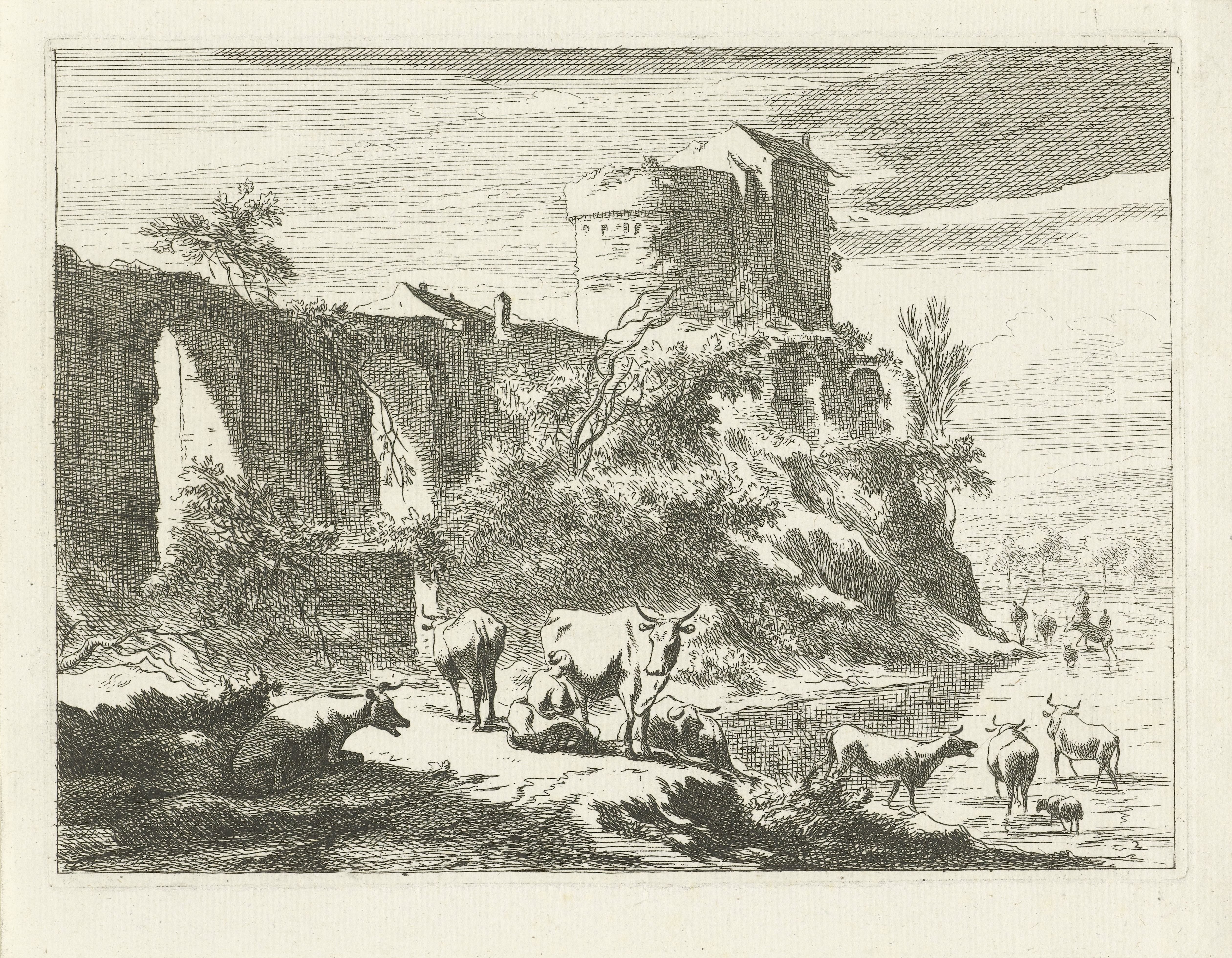 Landschap met ruïne en vee