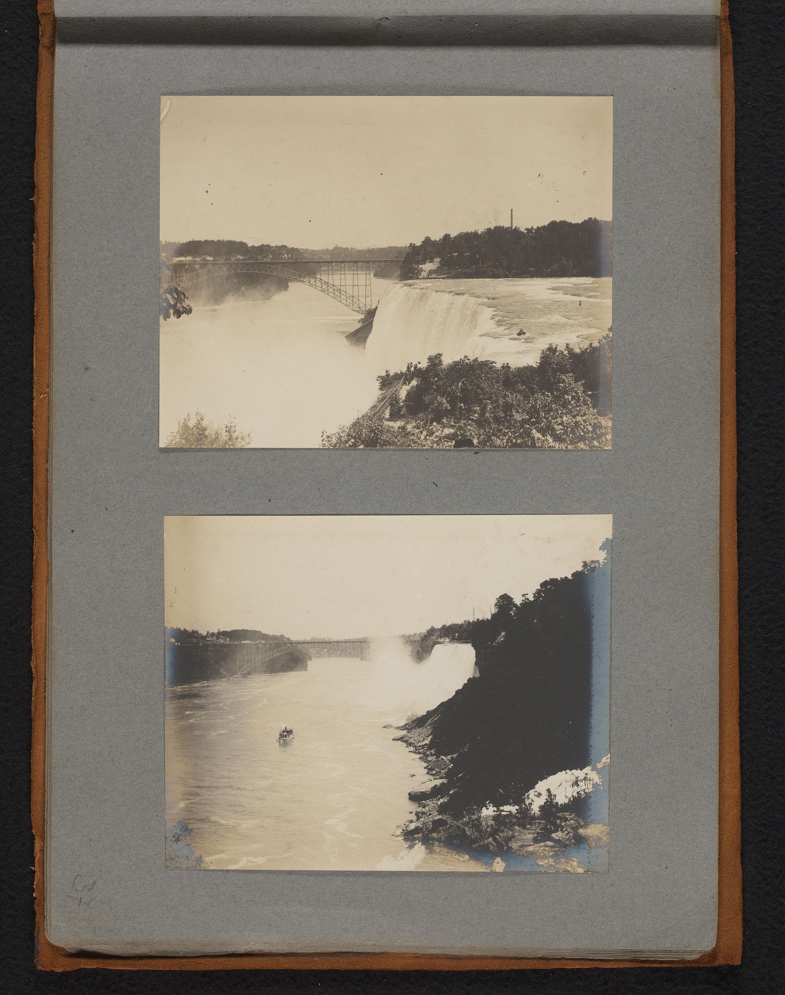 Gezicht op de Niagarawatervallen met de voormalige Honeymoon Bridge