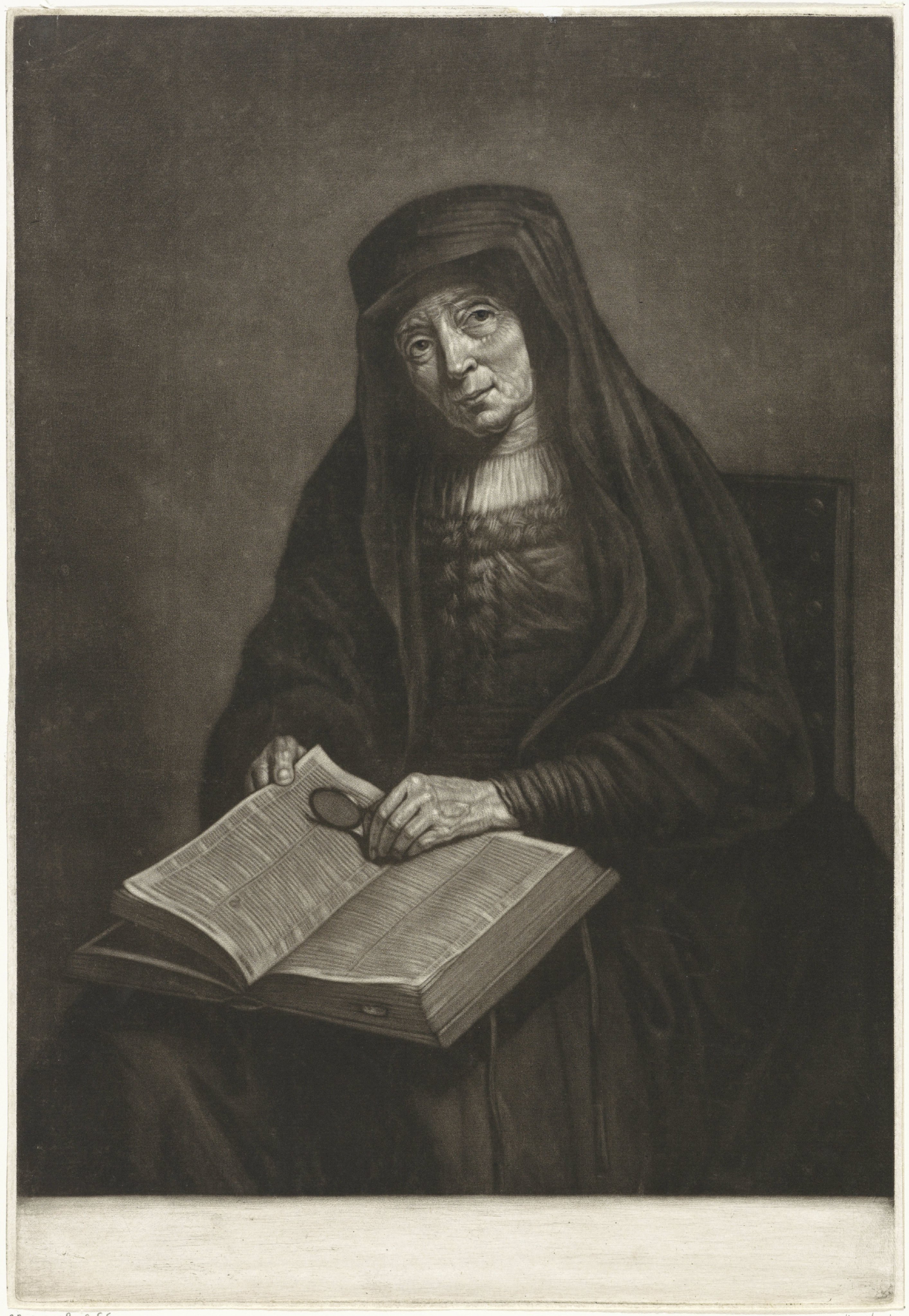 Oude vrouw met bijbel op de schoot, mogelijk de moeder van Rembrandt