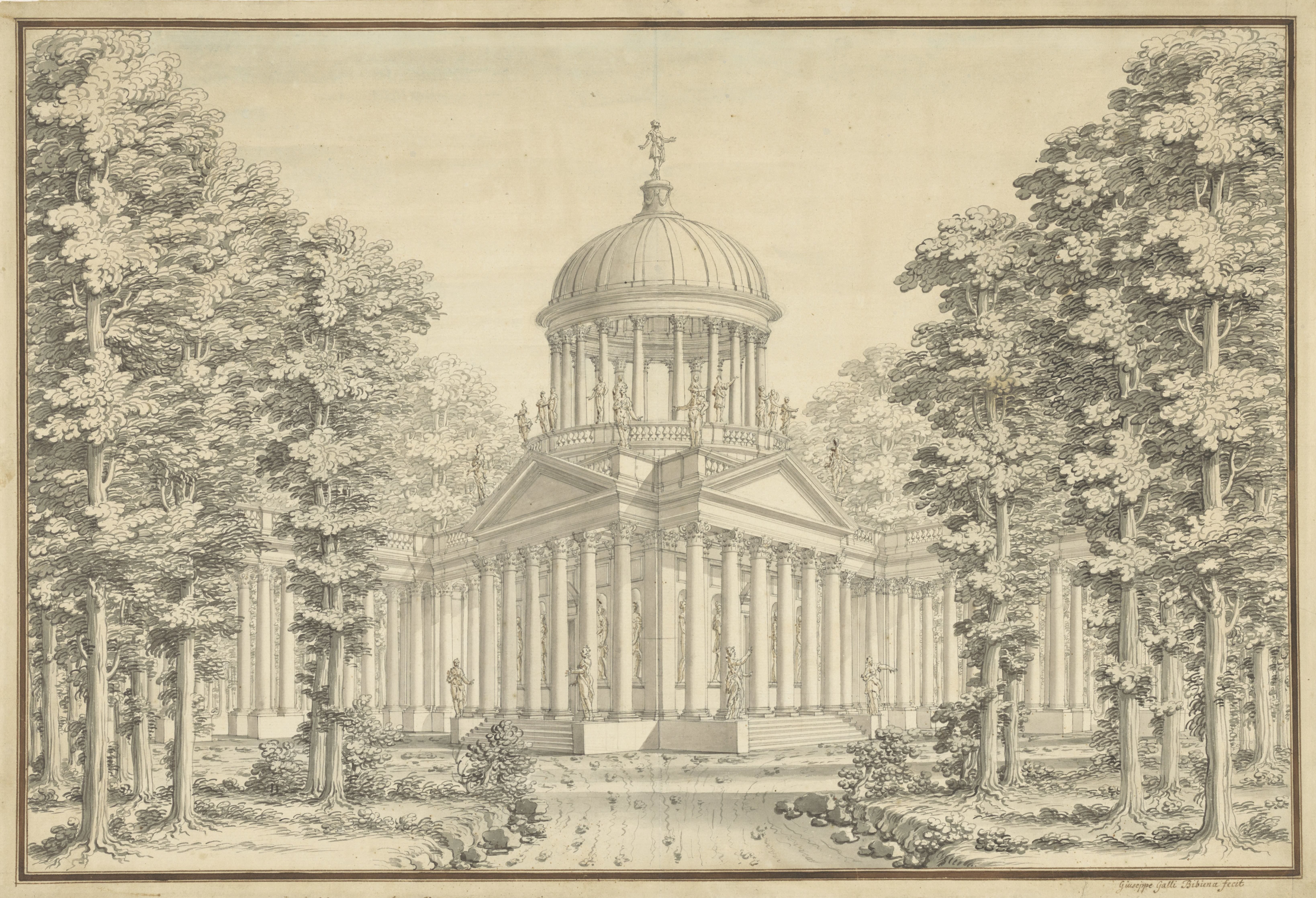 Paleis met open koepel op kolommen en met vele beelden