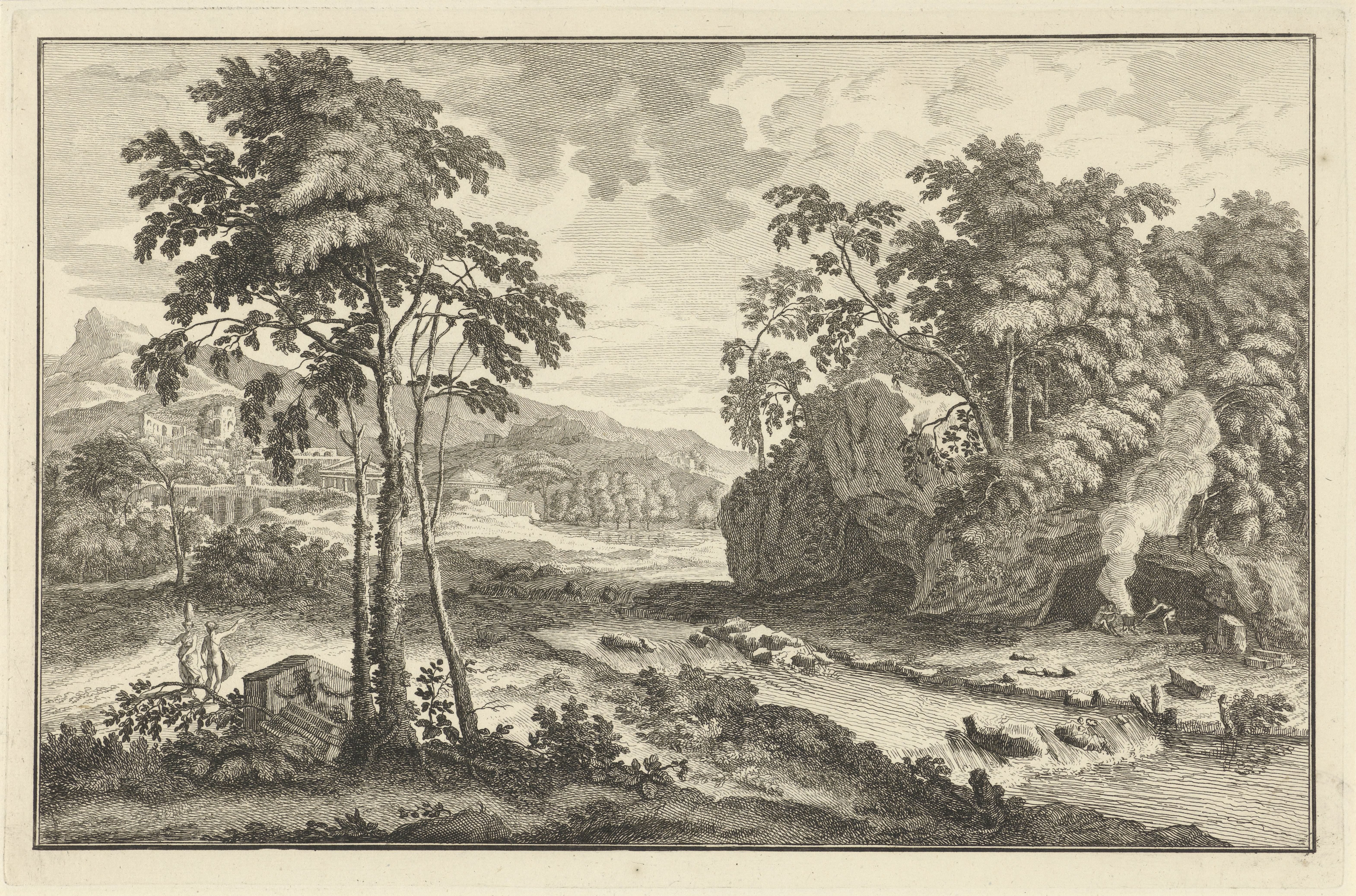 Arcadisch landschap met figuren op de oever van een rivier