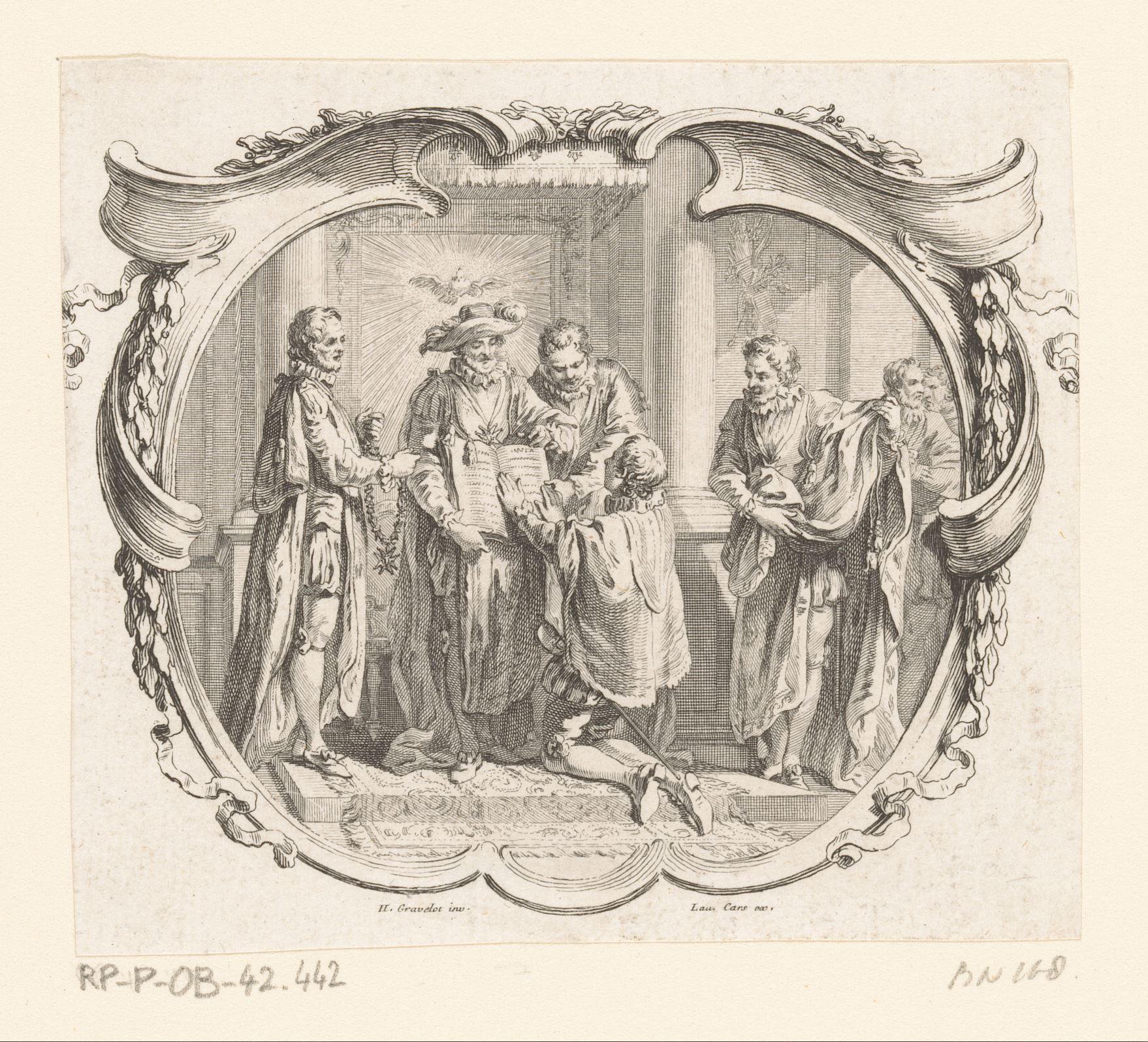 Vignet met een ridder die een eed aflegt op de bijbel vastgehouden door Henry de Bourbon