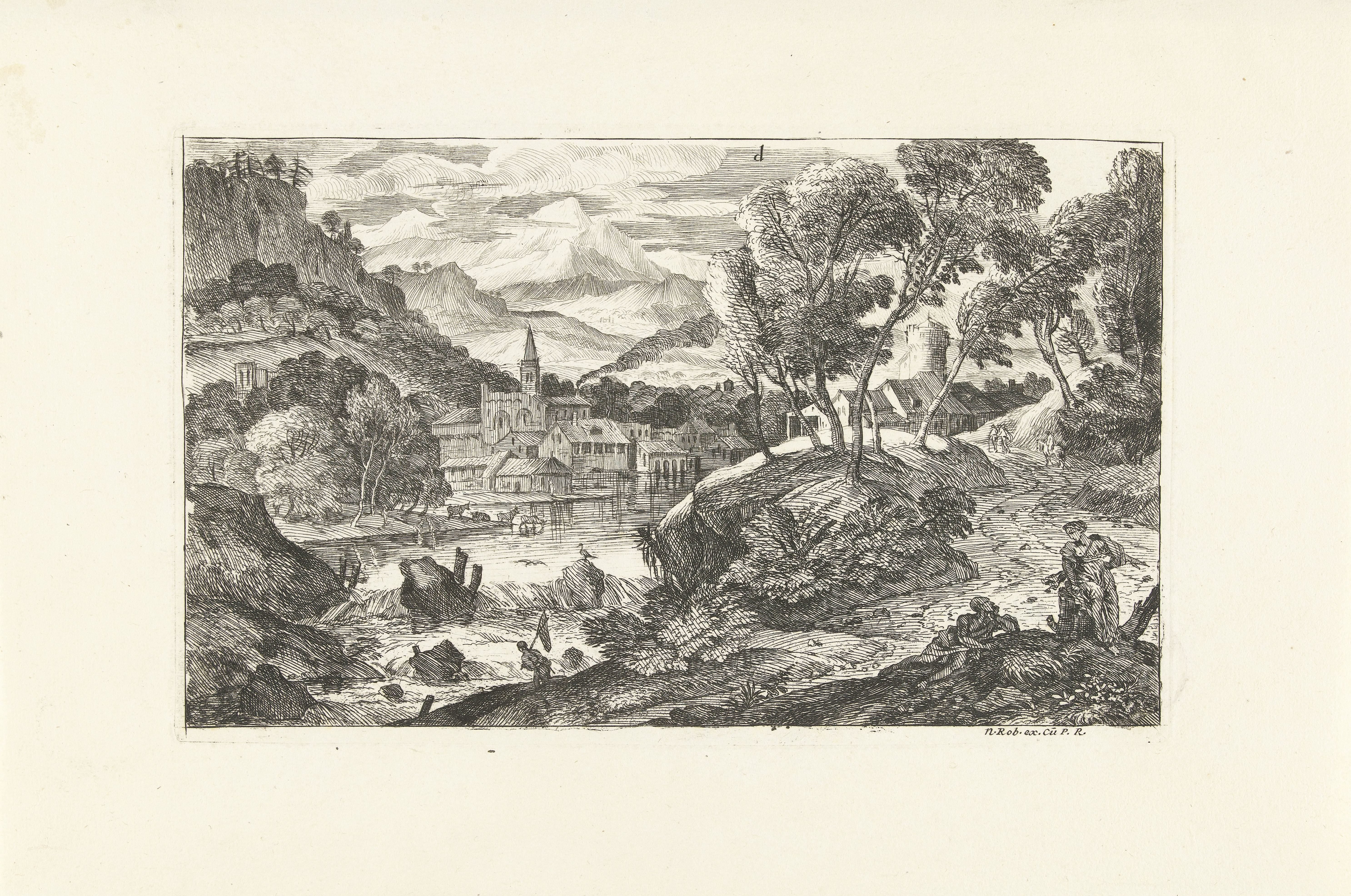 Landschap met waterval en dorp