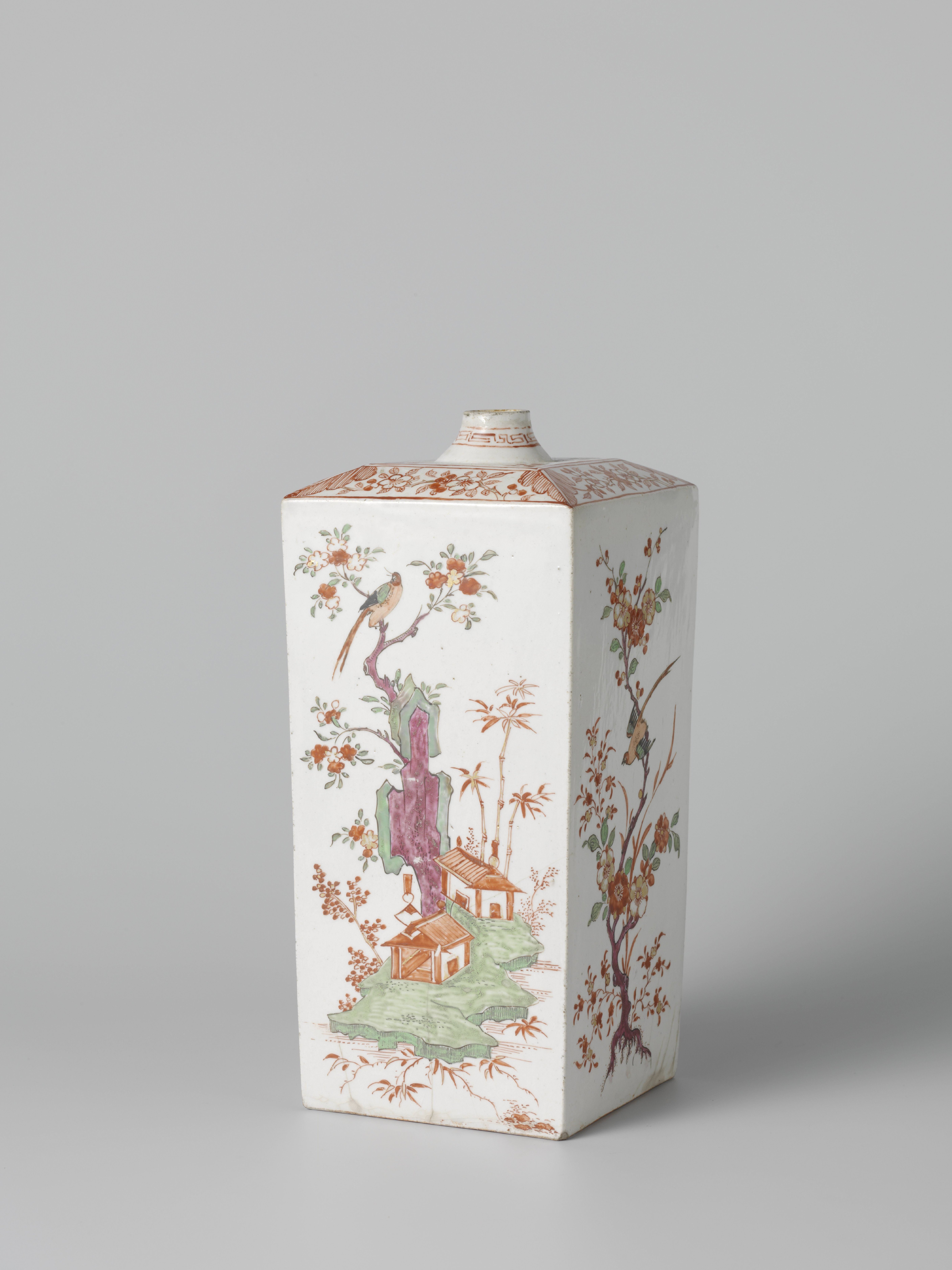 Square bottle with birds, flowering plants and pavilions